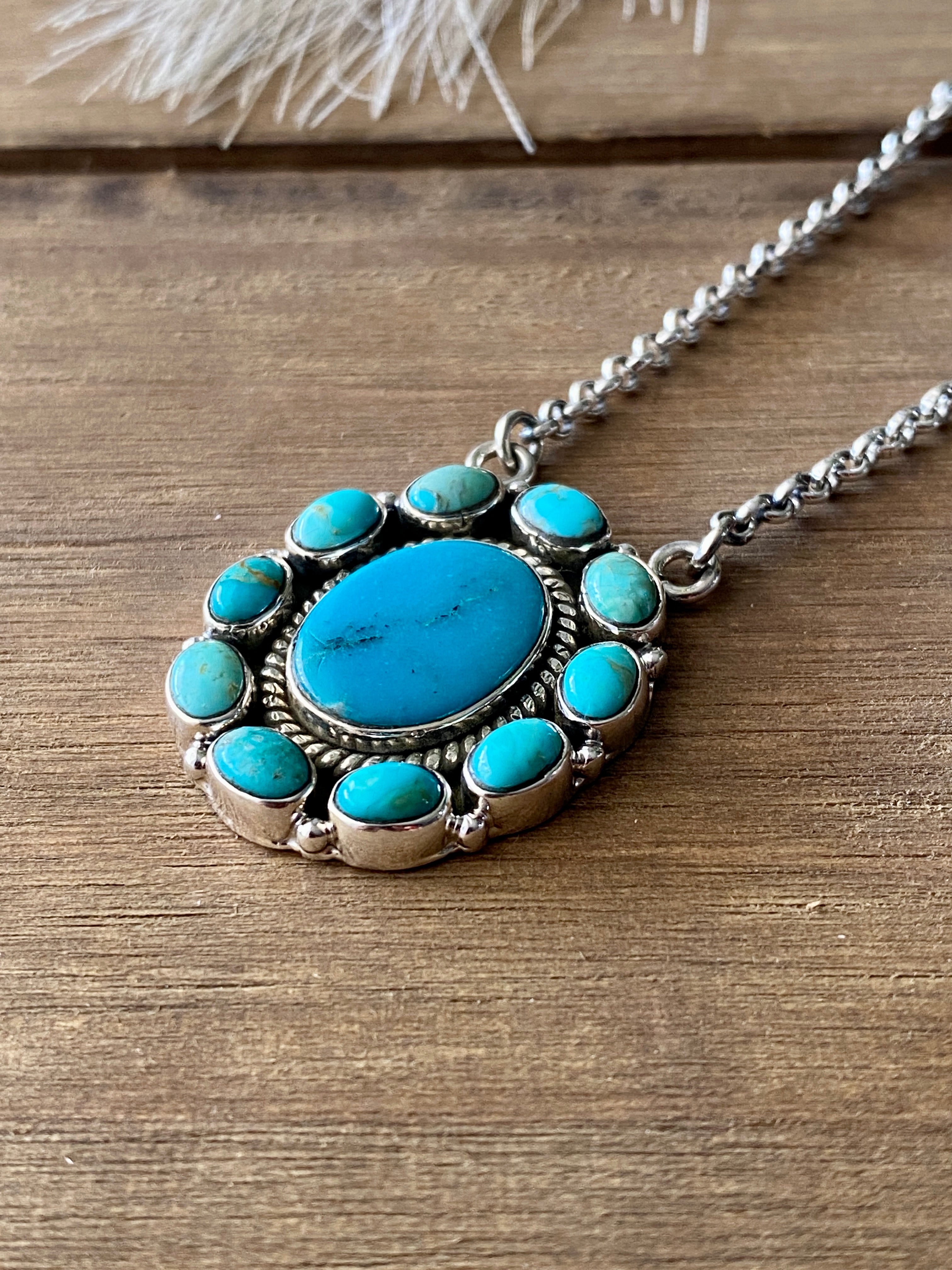 Southwest Handmade Kingman Turquoise & Sterling Silver Cluster Necklace