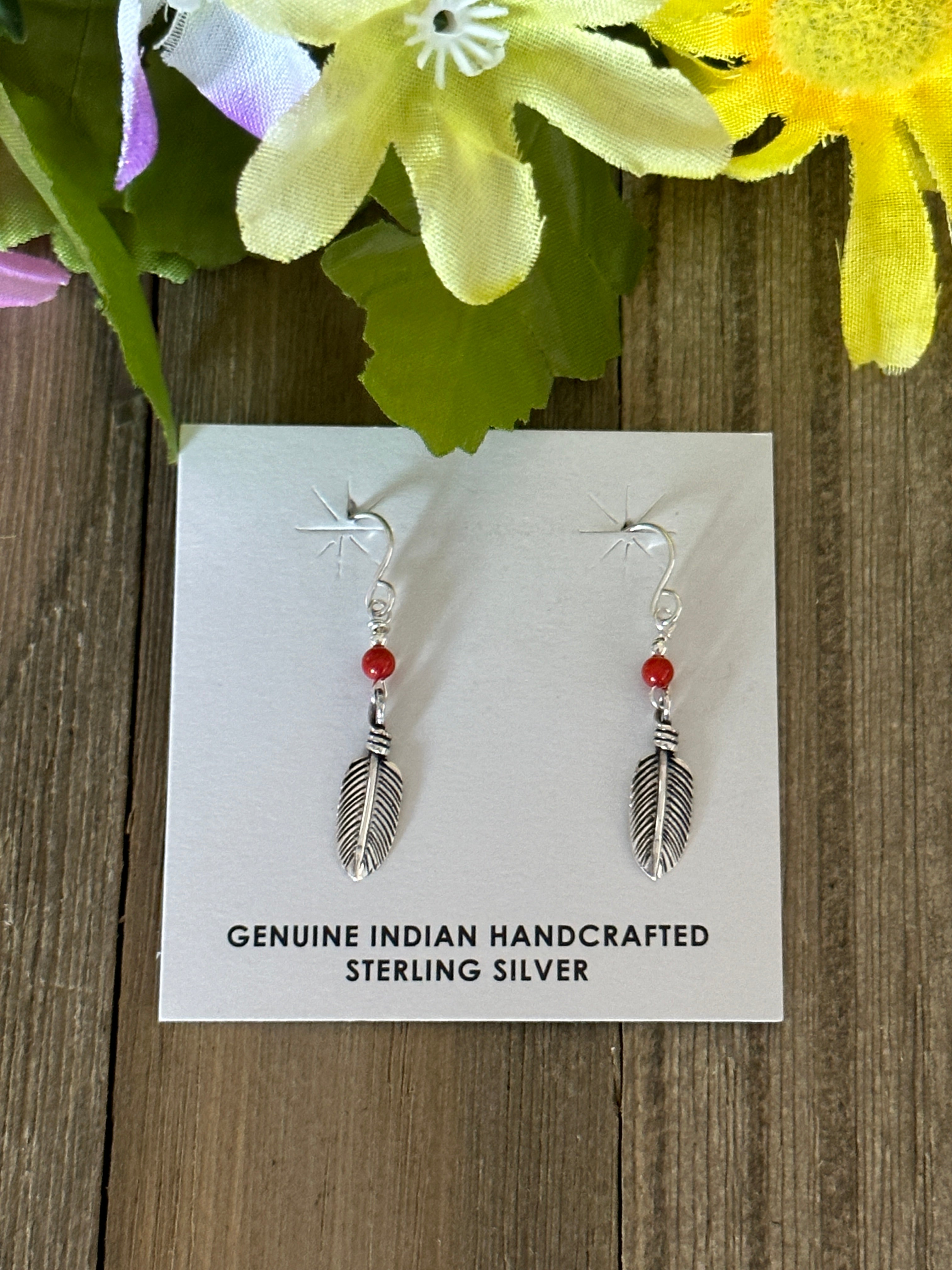 Navajo Made Coral & Sterling Silver Dangle Cross Earrings