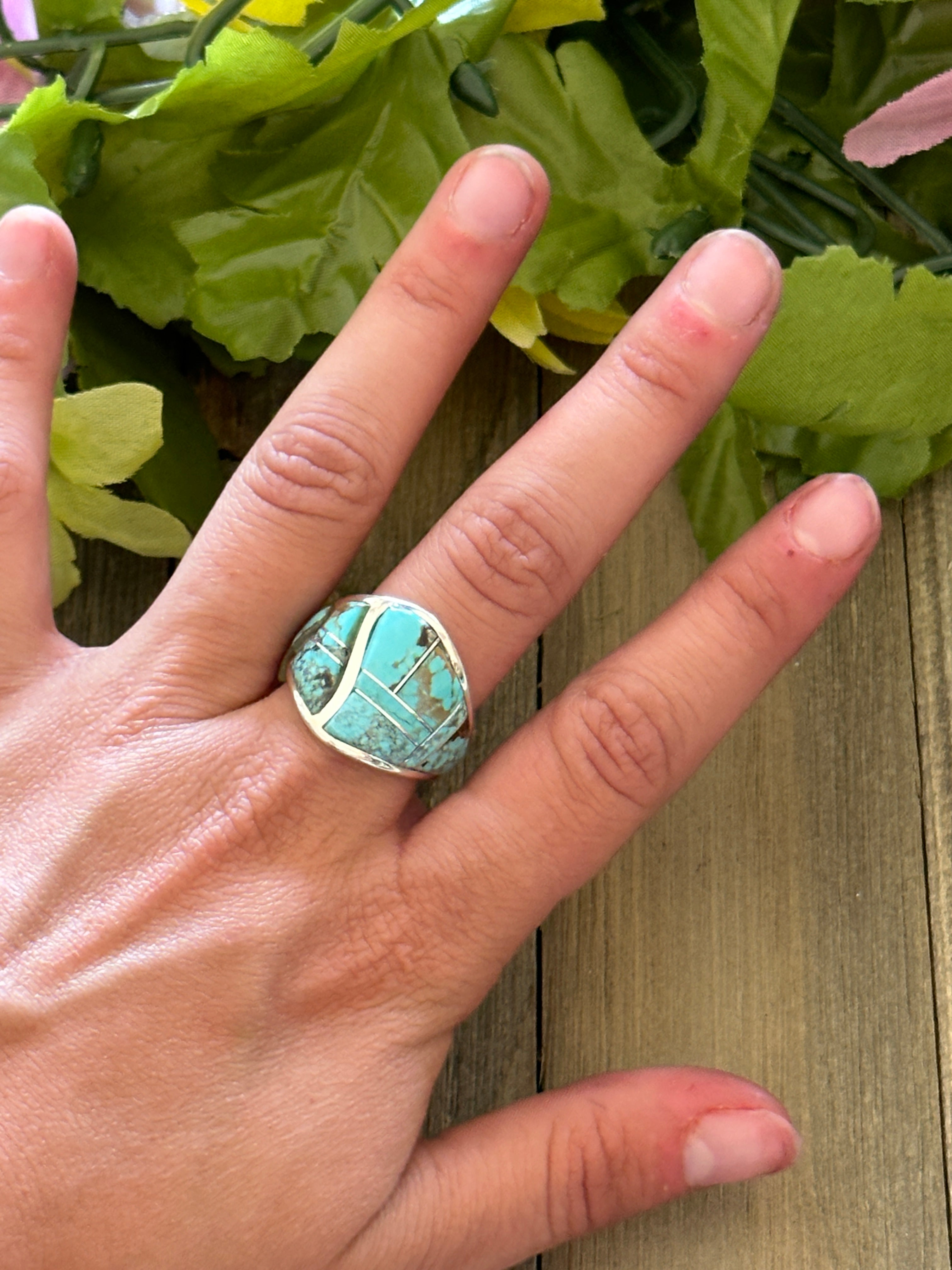 Navajo Made #8 Turquoise & Sterling Silver Inlay Ring Size 9.5