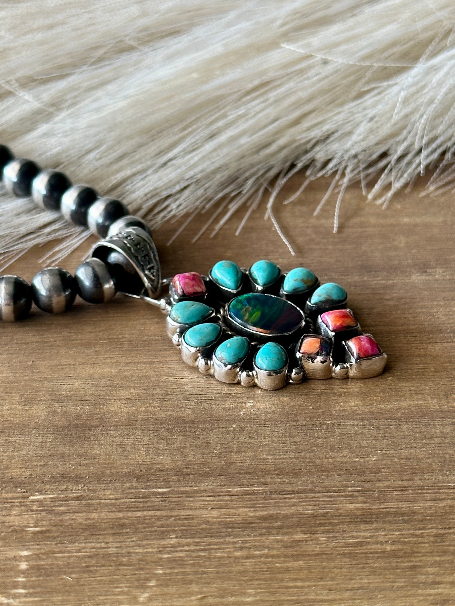 #7 Southwest Handmade Multi Stone & Sterling Silver Cluster Pendant