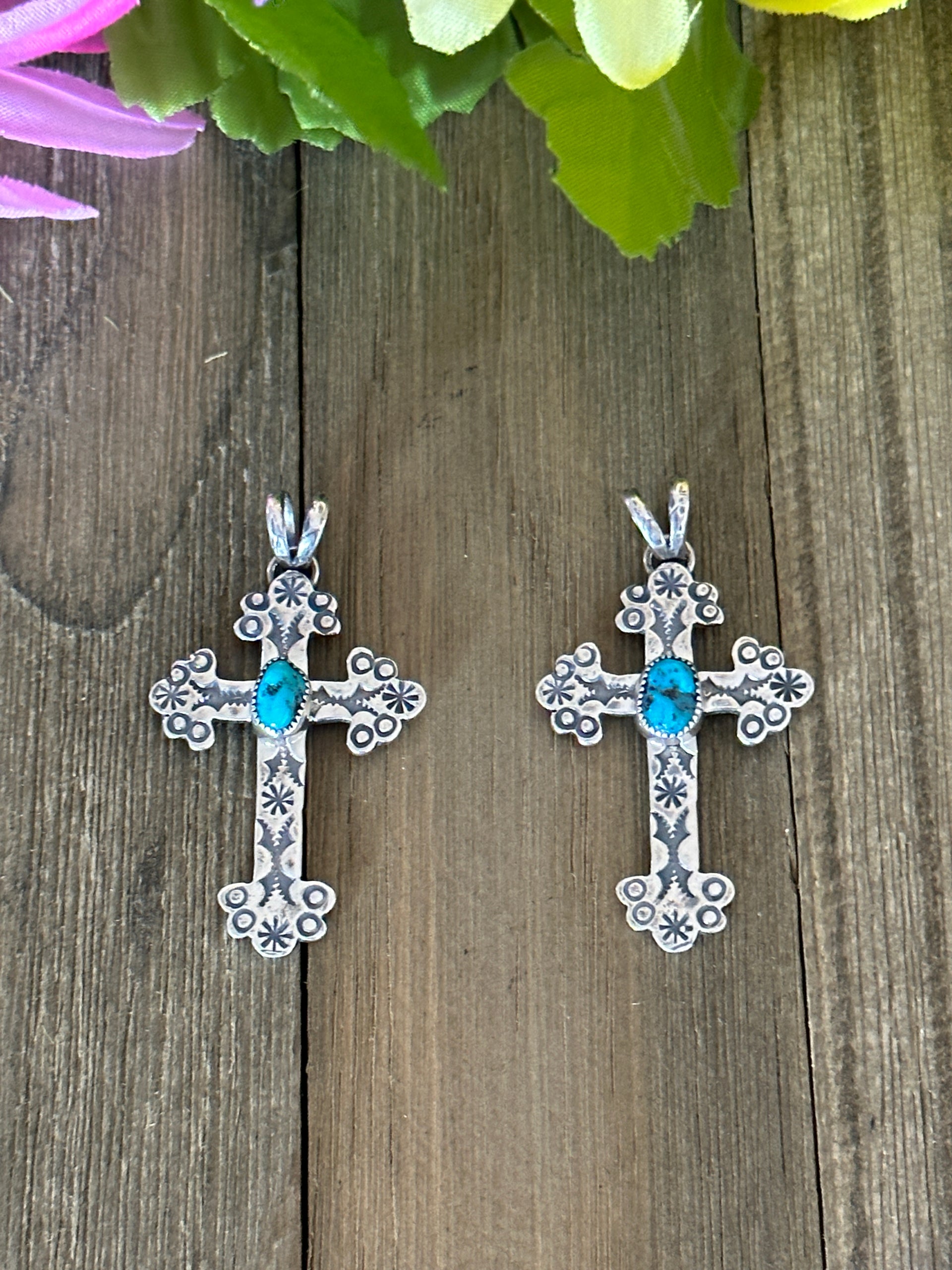Navajo Made Kingman Turquoise & Sterling Silver Cross Pendant