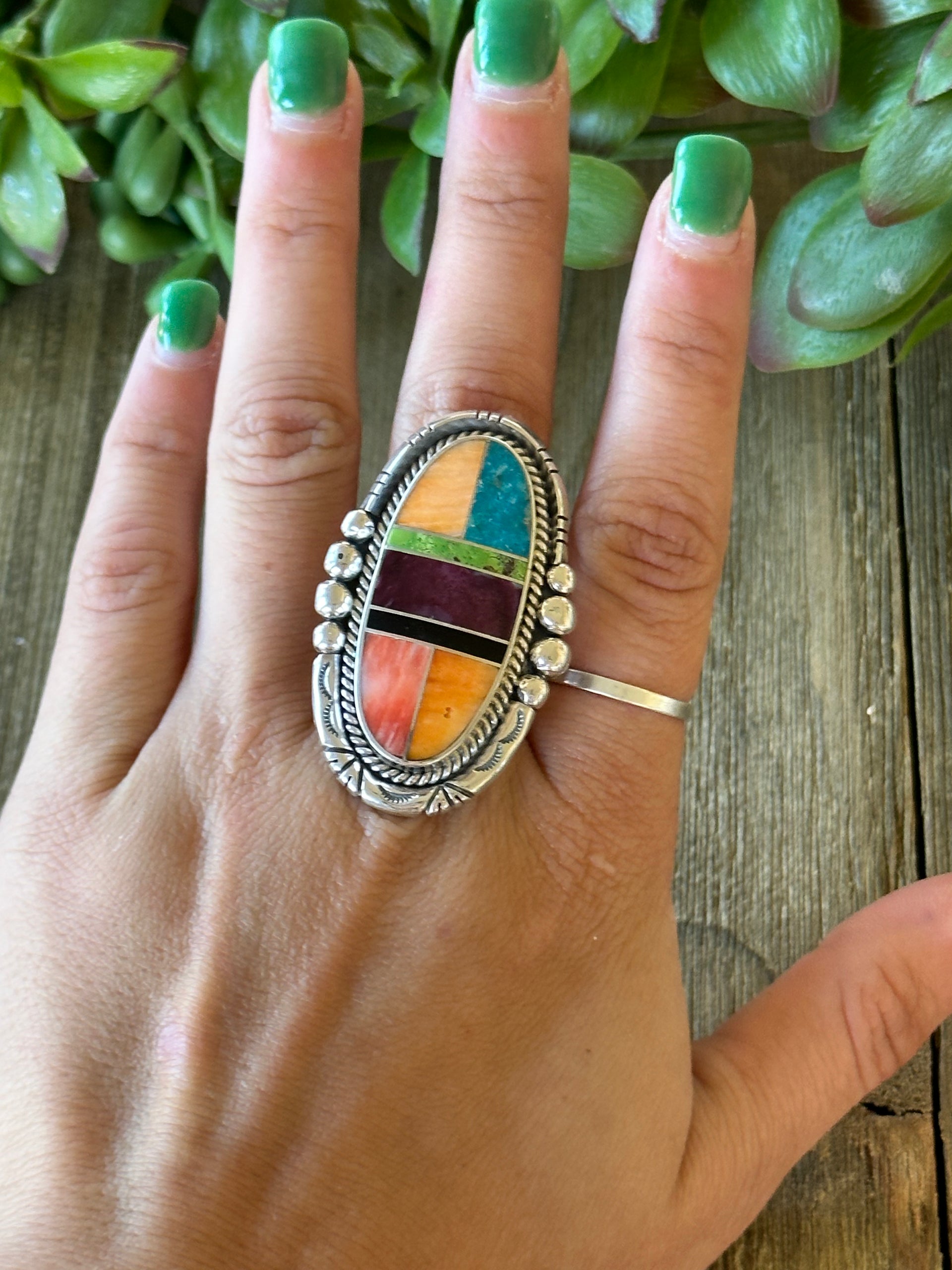 Navajo Made Multi Stone & Sterling Silver Inlay Ring Size 8