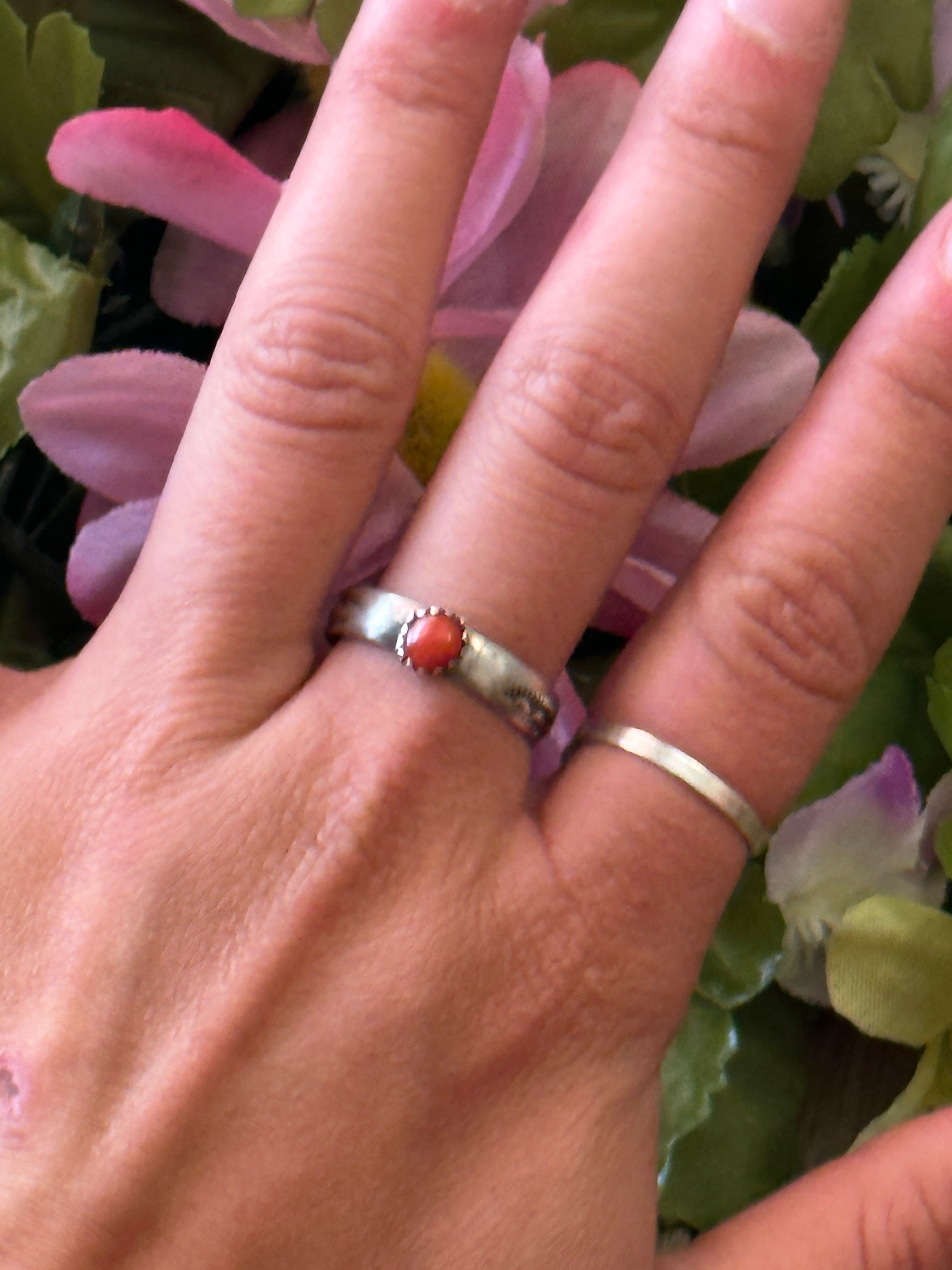 Navajo Made Red Coral & Sterling Silver Ring