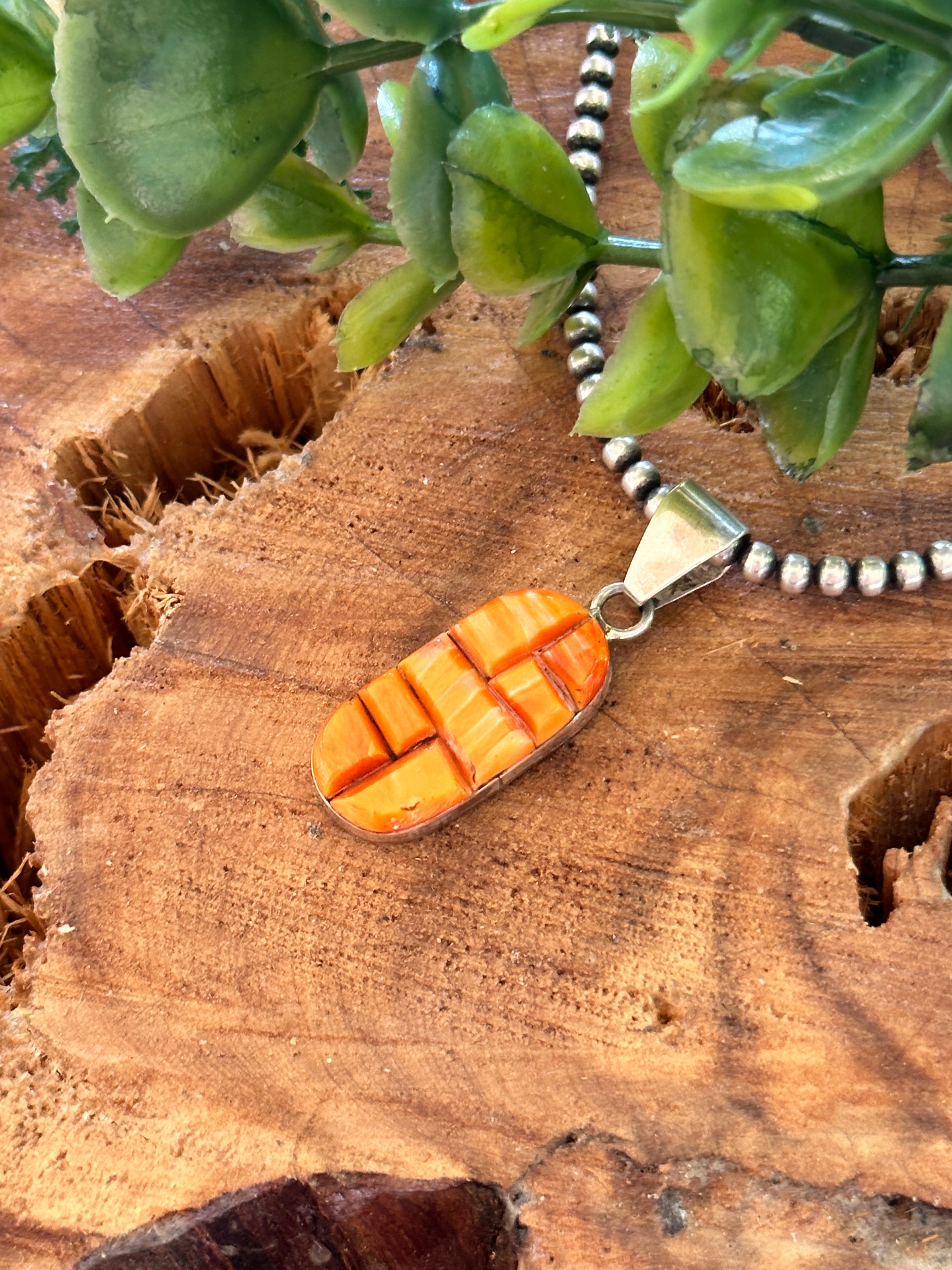 Navajo Made Spiny Oyster & Sterling Silver Inlay Pendant