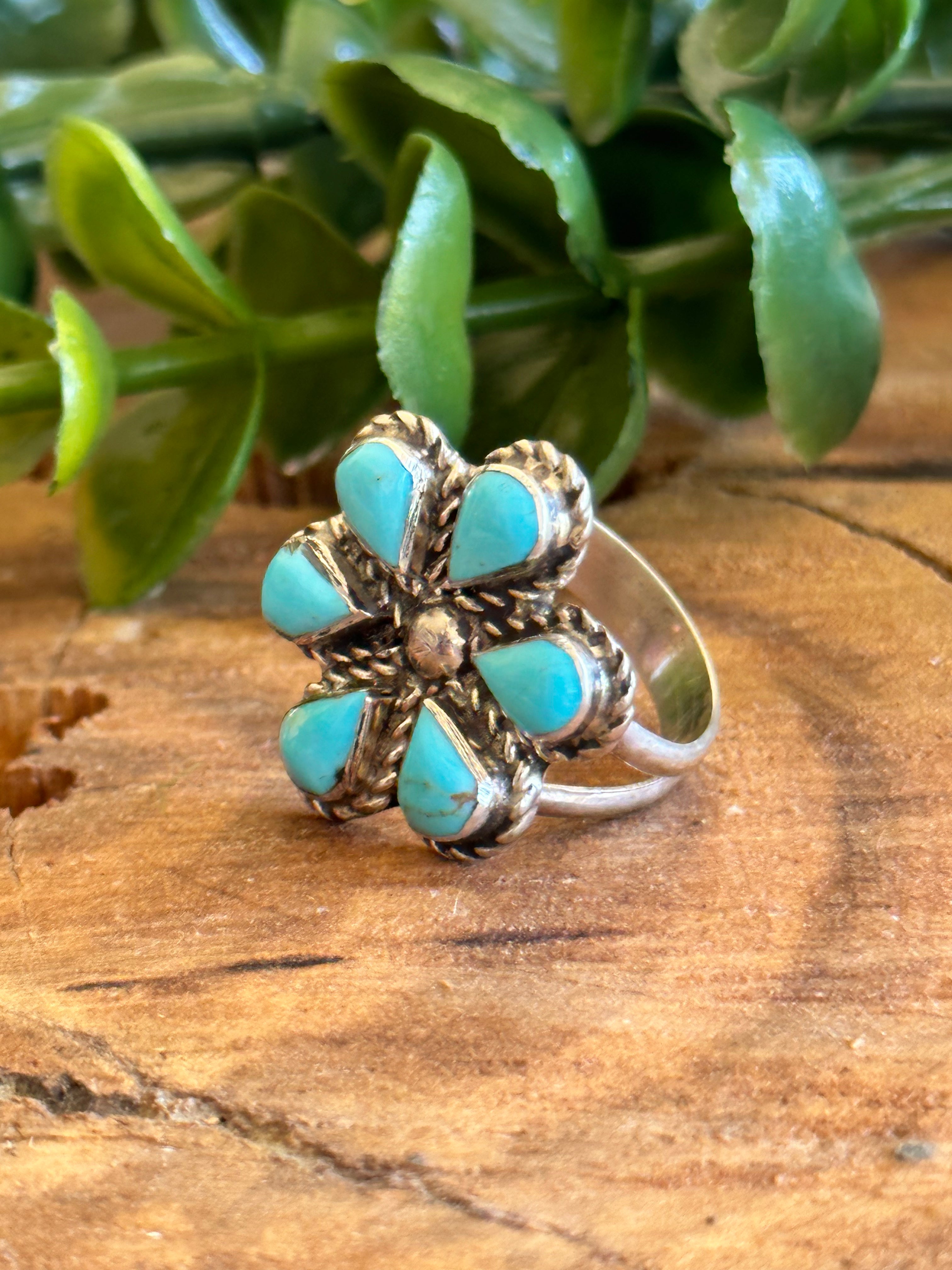 Merle House Kingman Turquoise & Sterling Silver Cluster Ring Size 6.25