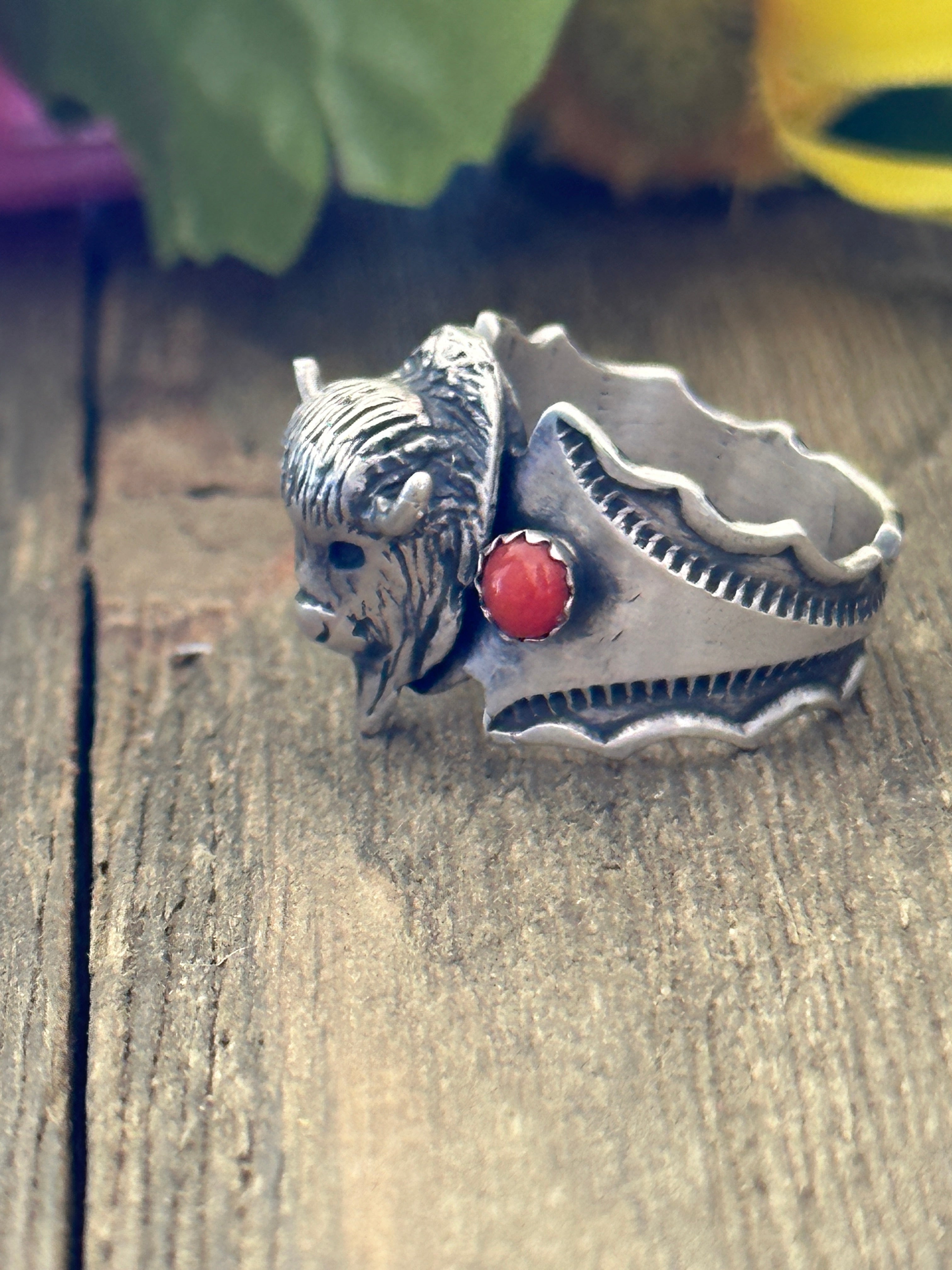 Navajo Made Coral & Sterling Silver Buffalo Ring