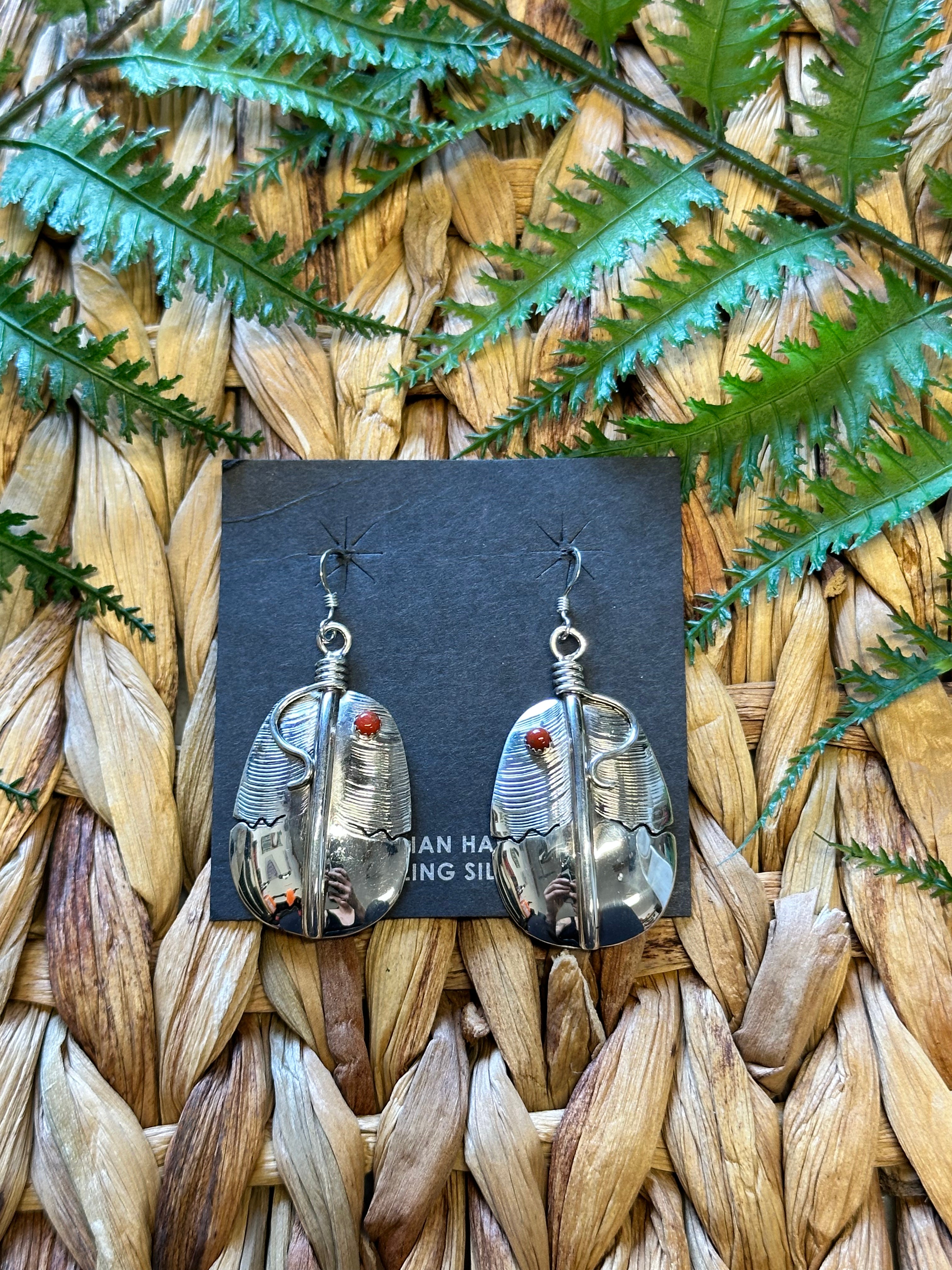 Navajo Made Coral & Sterling Silver Dangle Feather Earrings