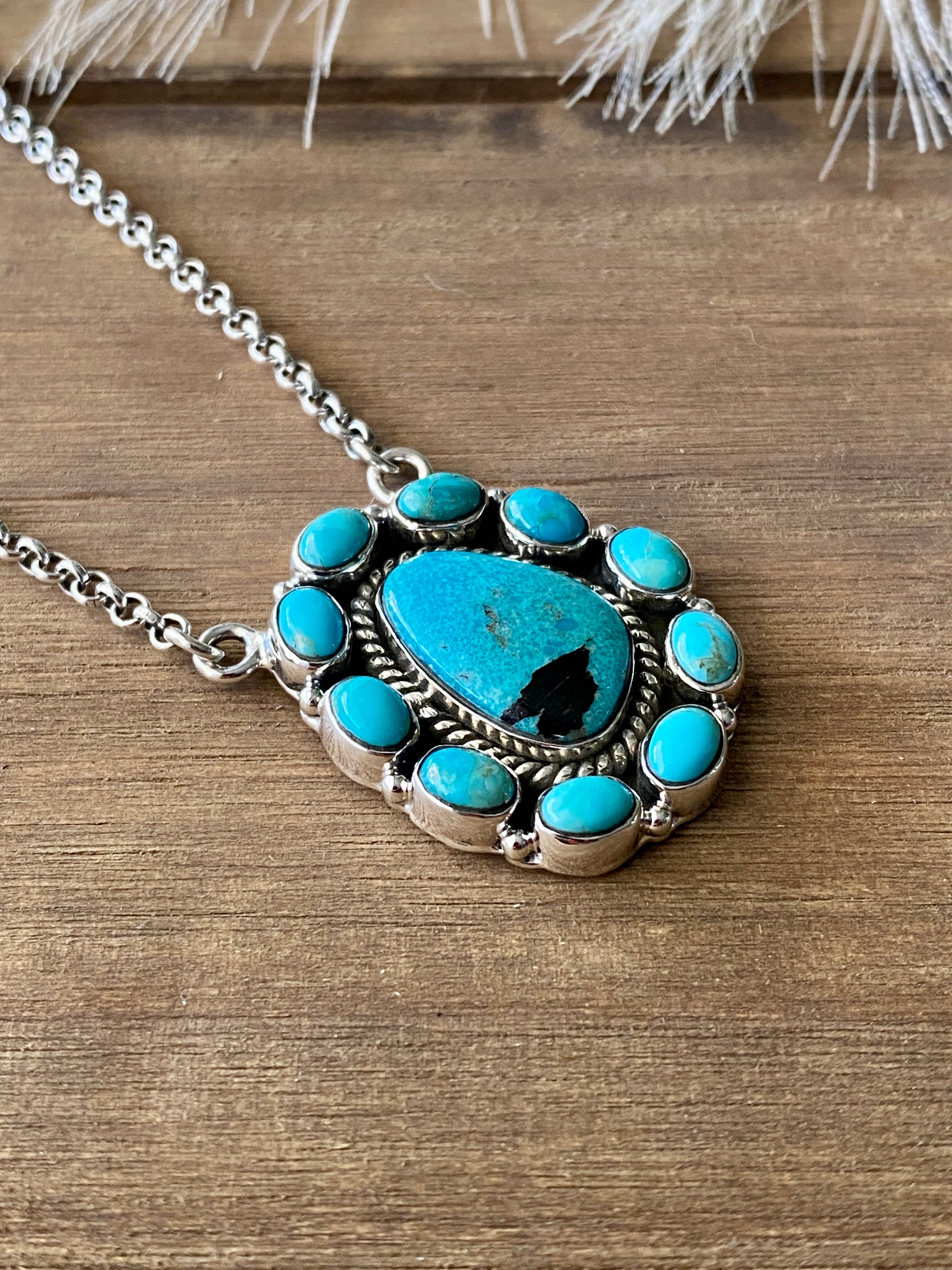 Southwest Handmade Kingman Turquoise & Sterling Silver Cluster Necklace