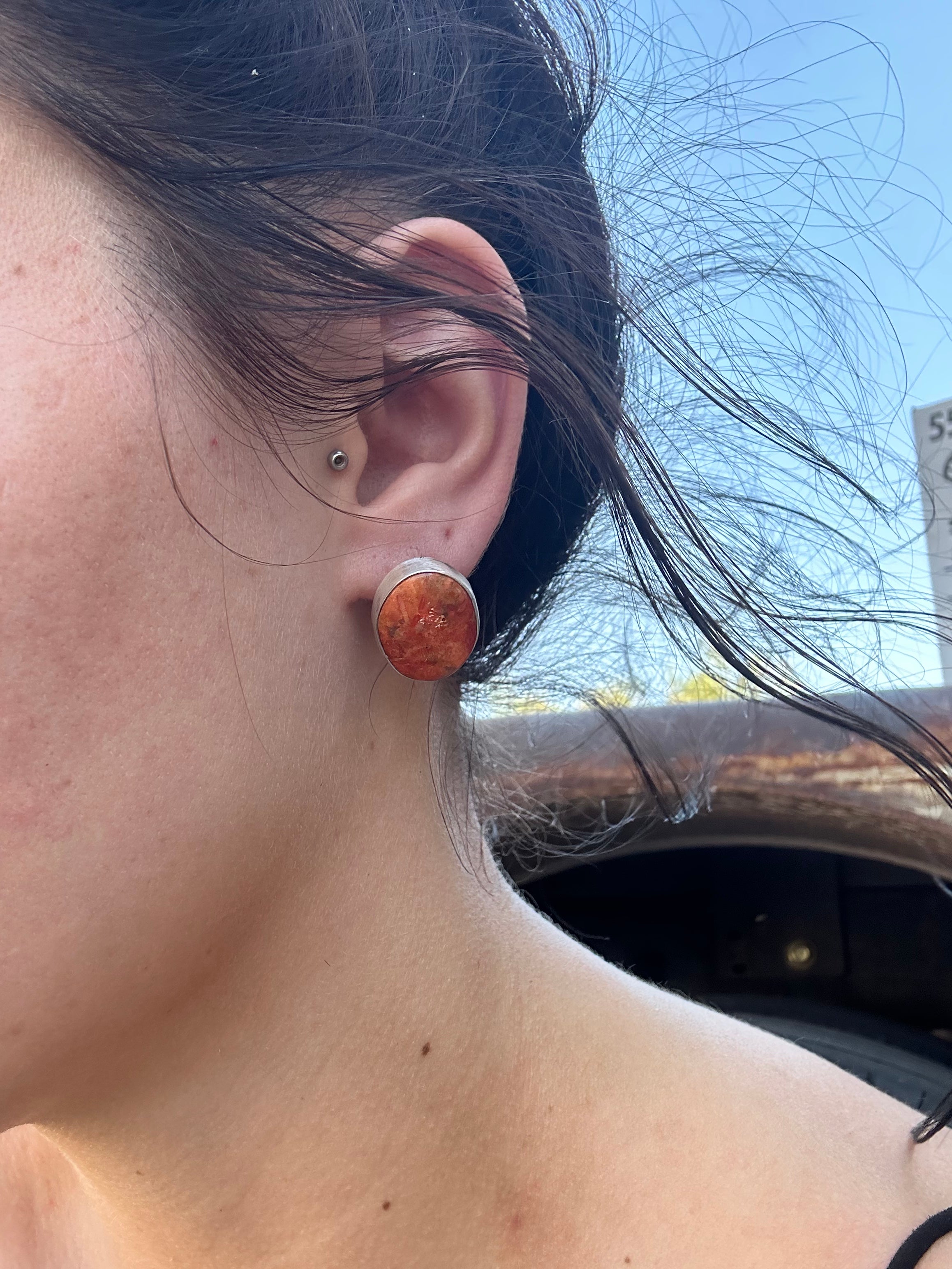 Navajo Made Apple Coral & Sterling Silver Post Earrings