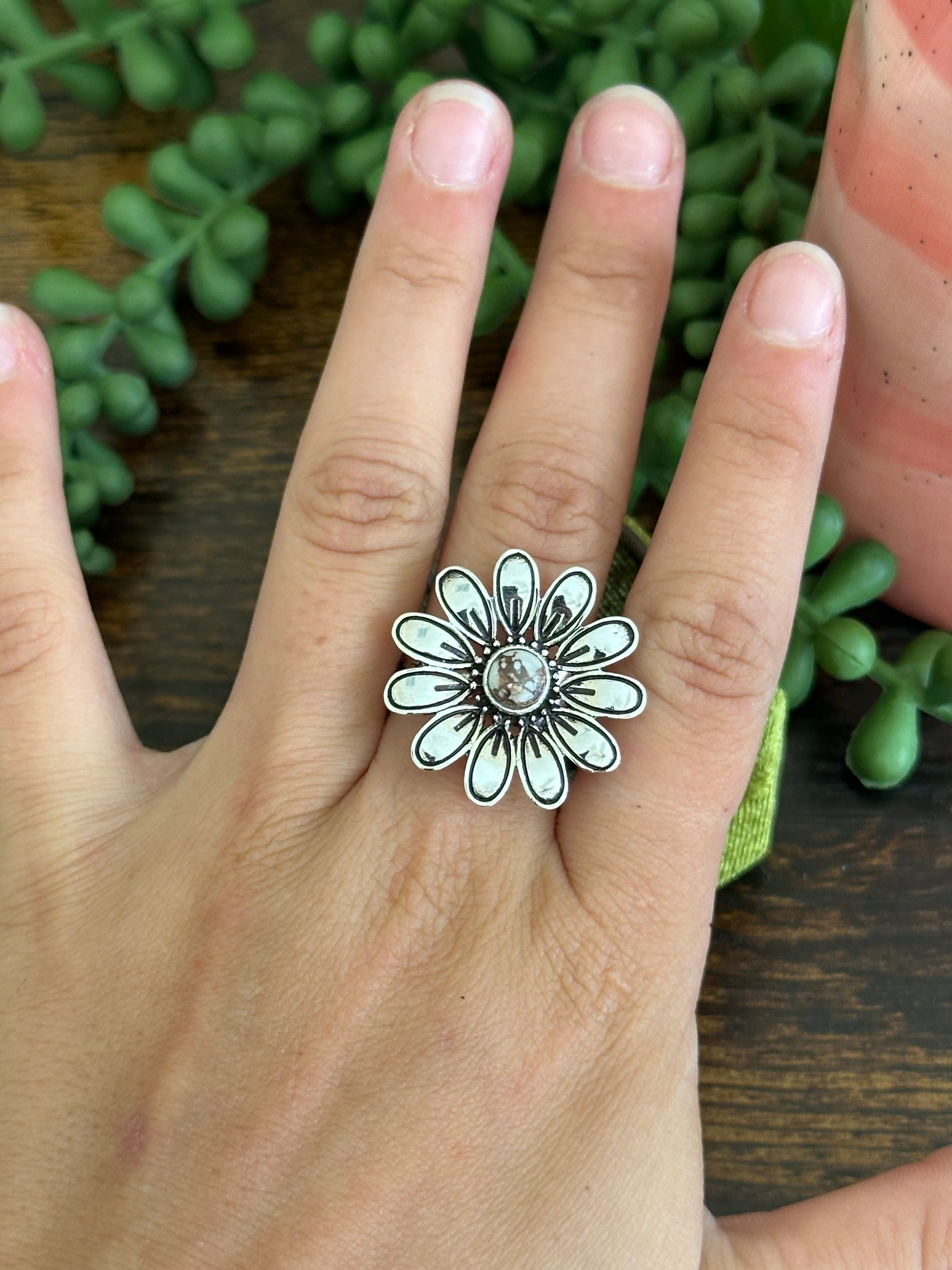 Southwest Made Wild Horse & Sterling Silver Flower Adjustable Ring