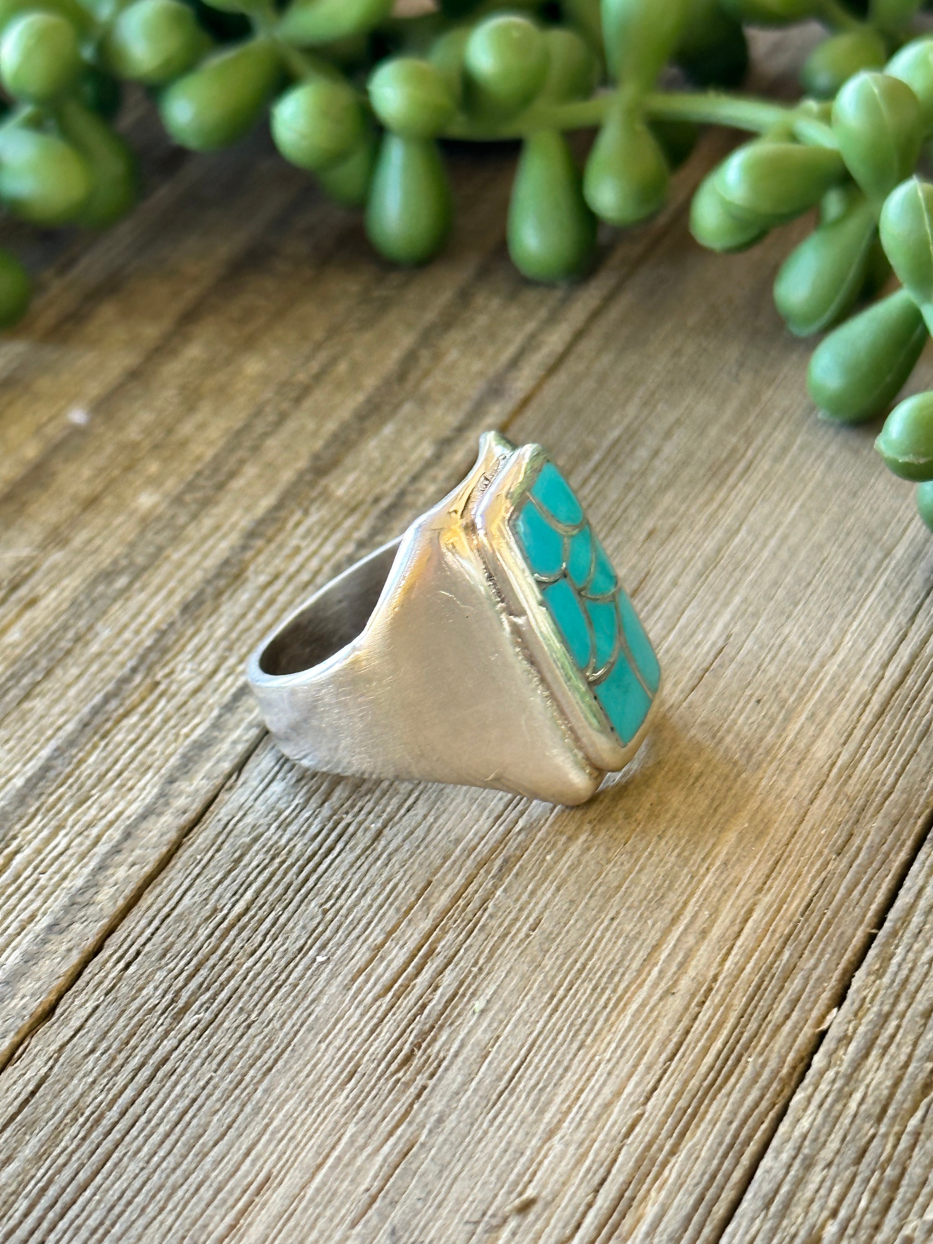 Navajo Made Kingman Turquoise & Sterling Silver Inlay Ring