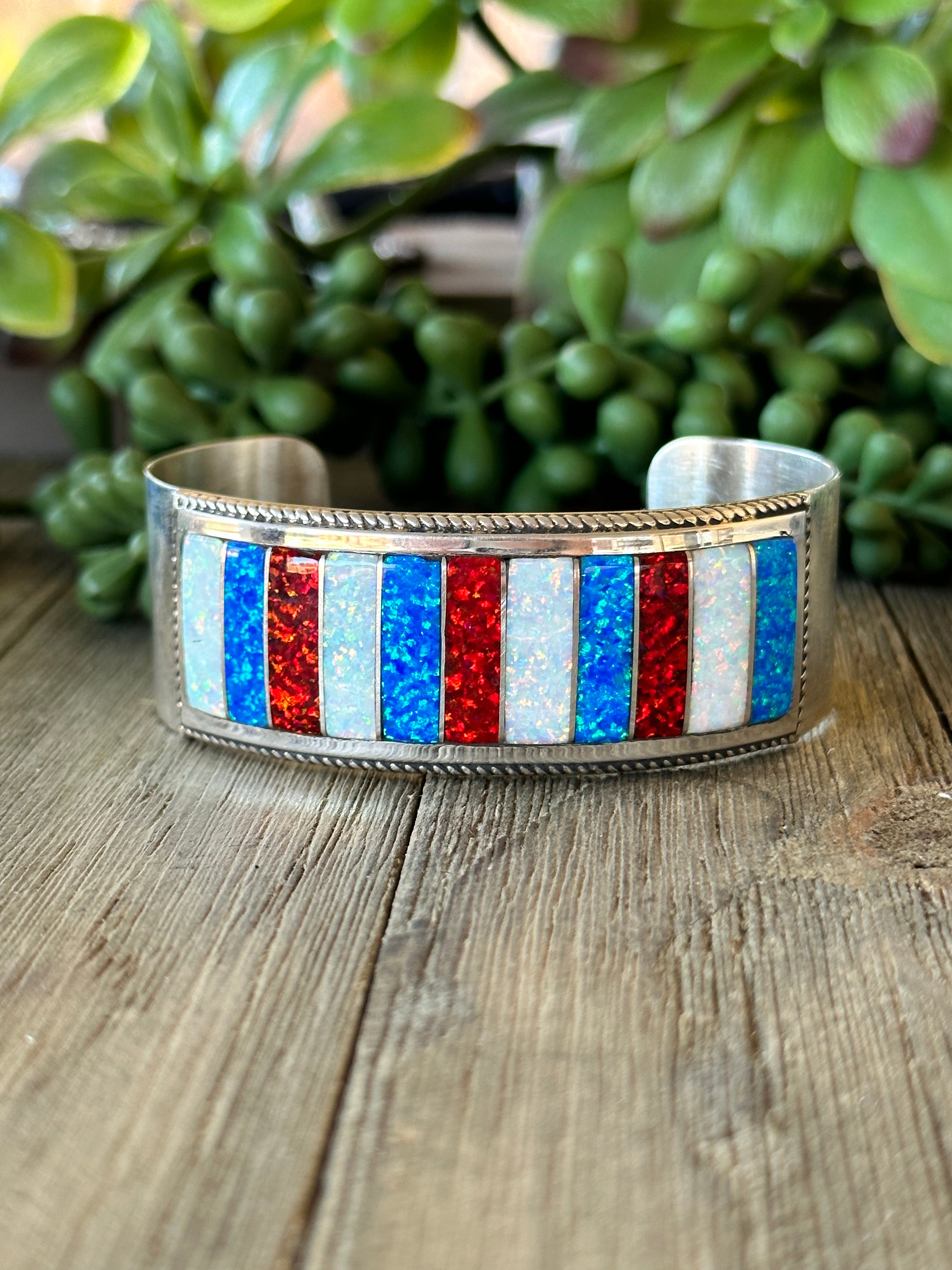 Navajo Made Opal (Man Made) & Sterling Silver Cuff Bracelet