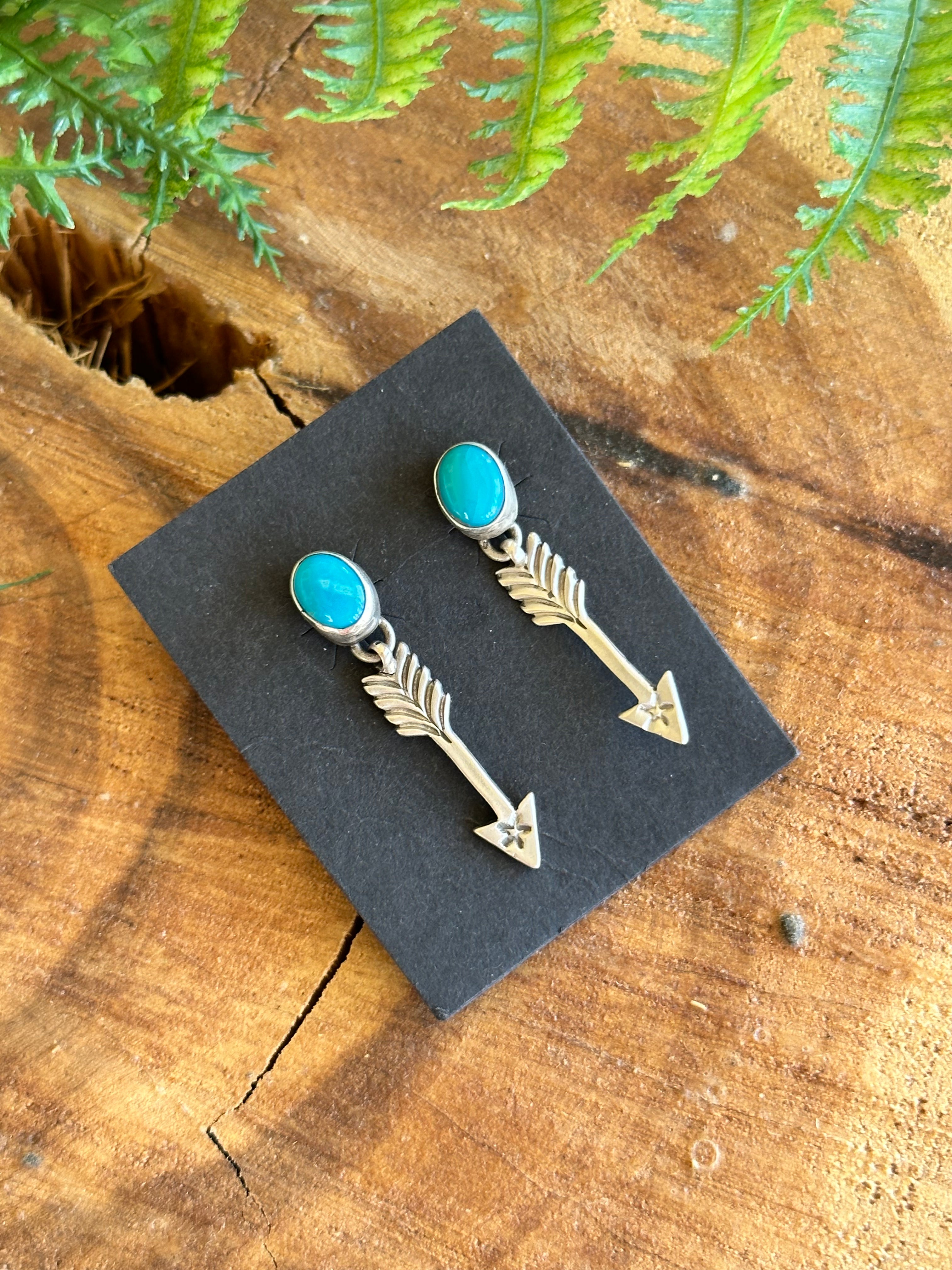 Navajo Made Kingman Turquoise Sterling Silver Post Dangle Arrow Earrings