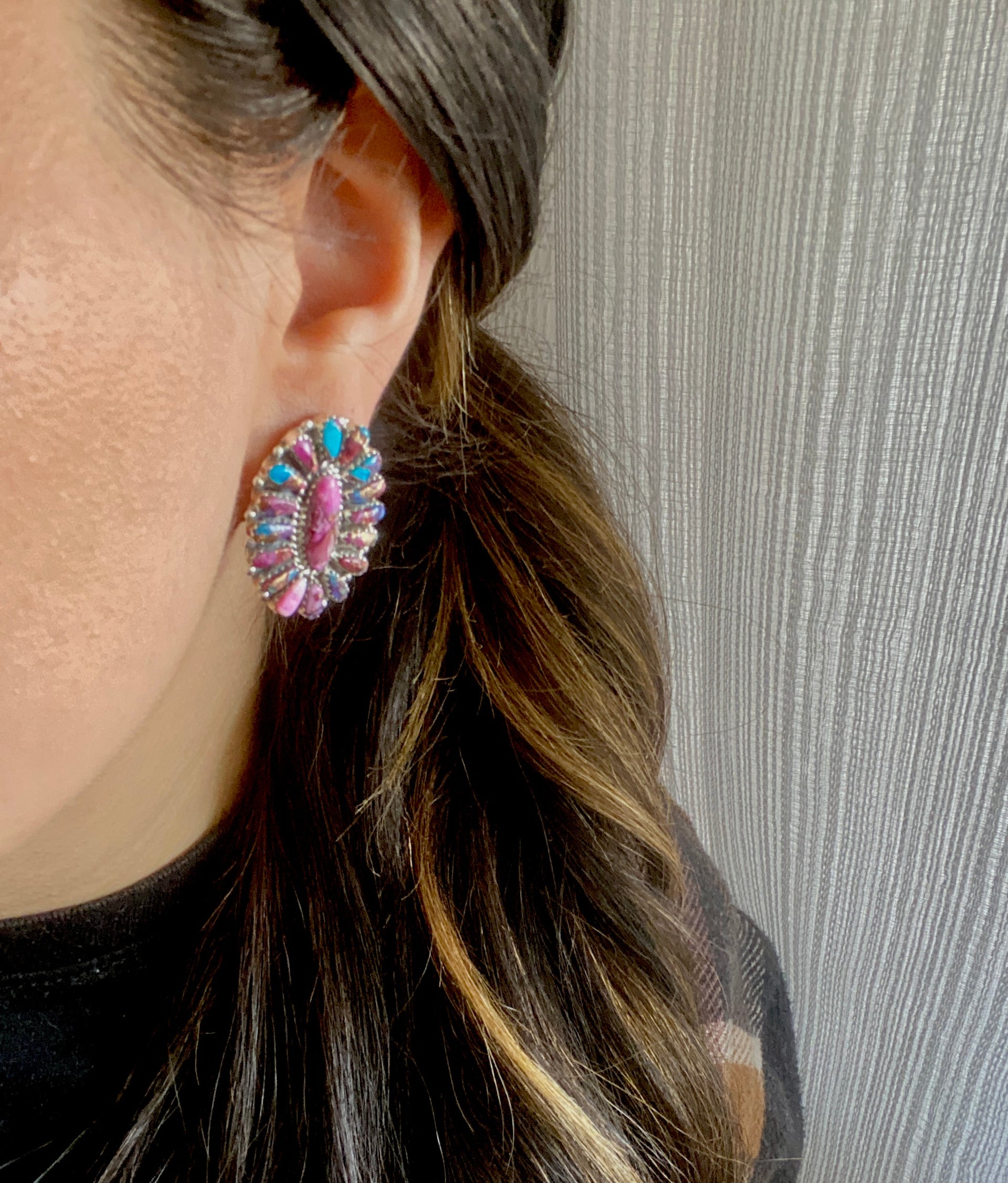Navajo Made Pink Mohave Turquoise & Sterling Silver Post Cluster Earrings