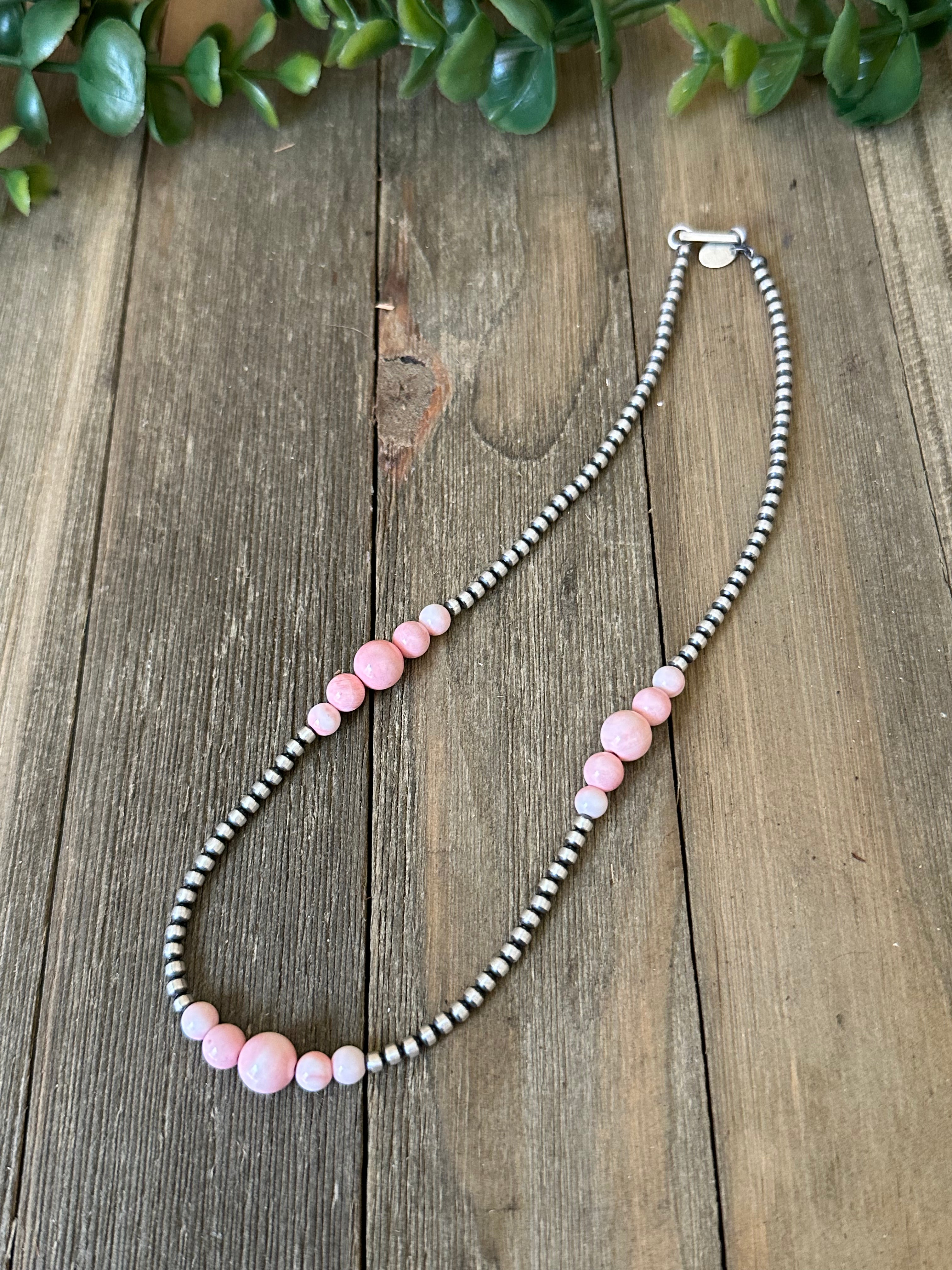 Navajo Strung Pink Conch & Sterling Silver 3 MM Pearls Beaded Necklace