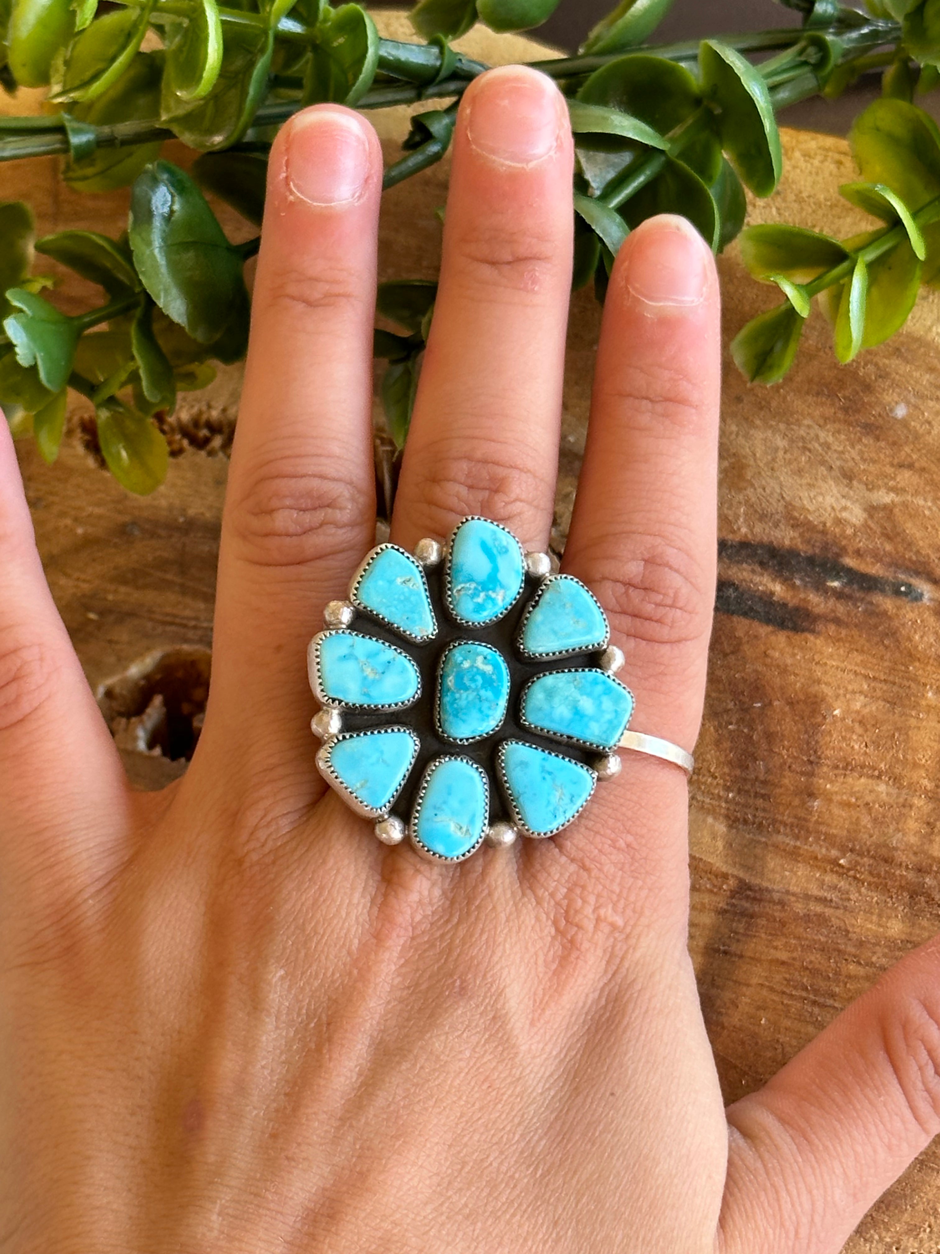 Virginia Sandoval Kingman Turquoise & Sterling Silver Adjustable Cluster Ring