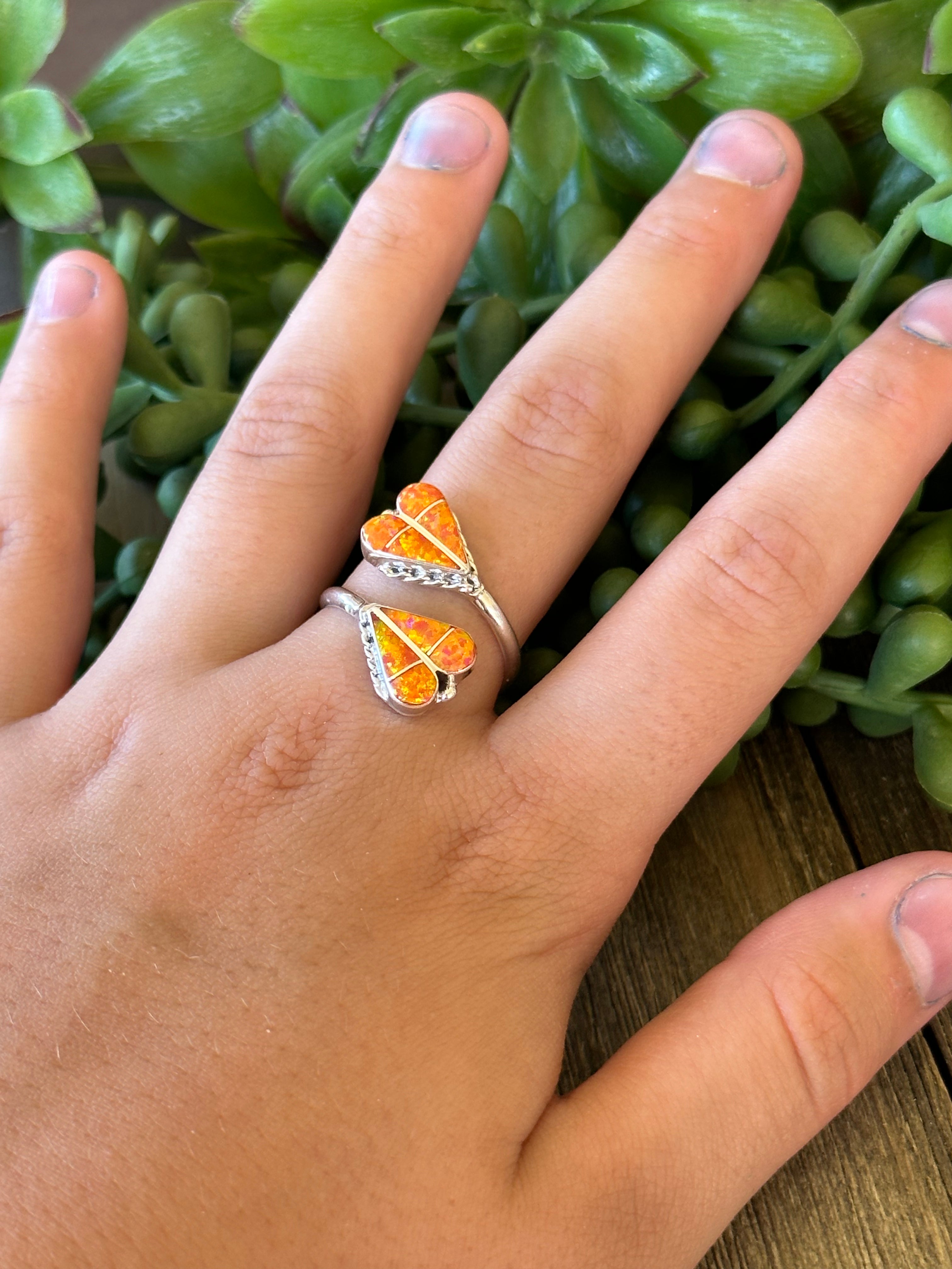 Zuni Made Orange Opal & Sterling Silver Adjustable Heart Ring