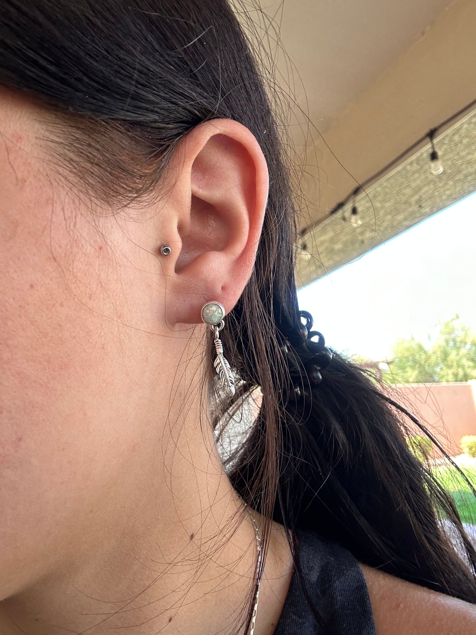 Navajo Made Opal & Sterling Silver Post Dangle Feather Earrings