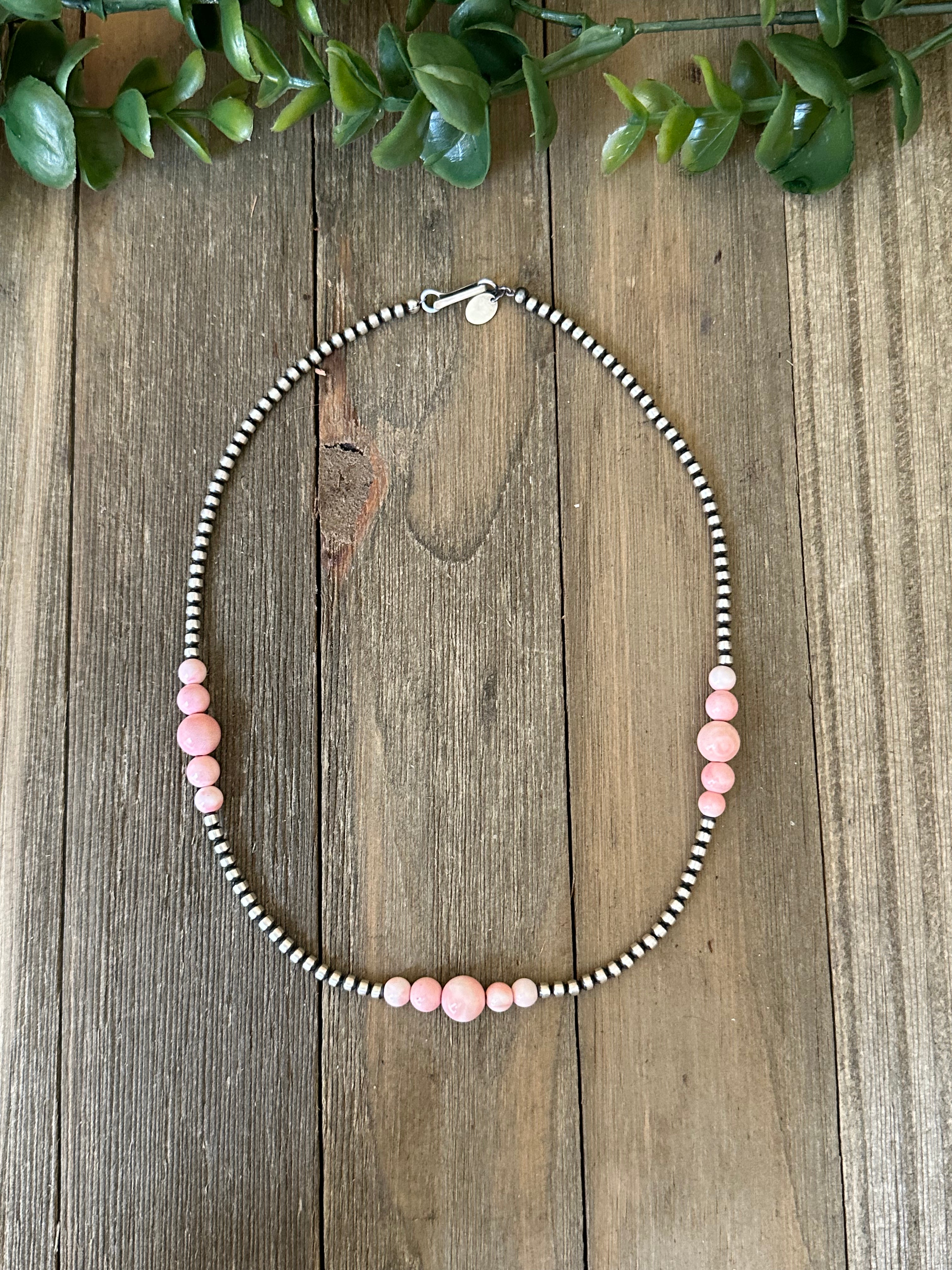 Navajo Strung Pink Conch & Sterling Silver 3 MM Pearls Beaded Necklace
