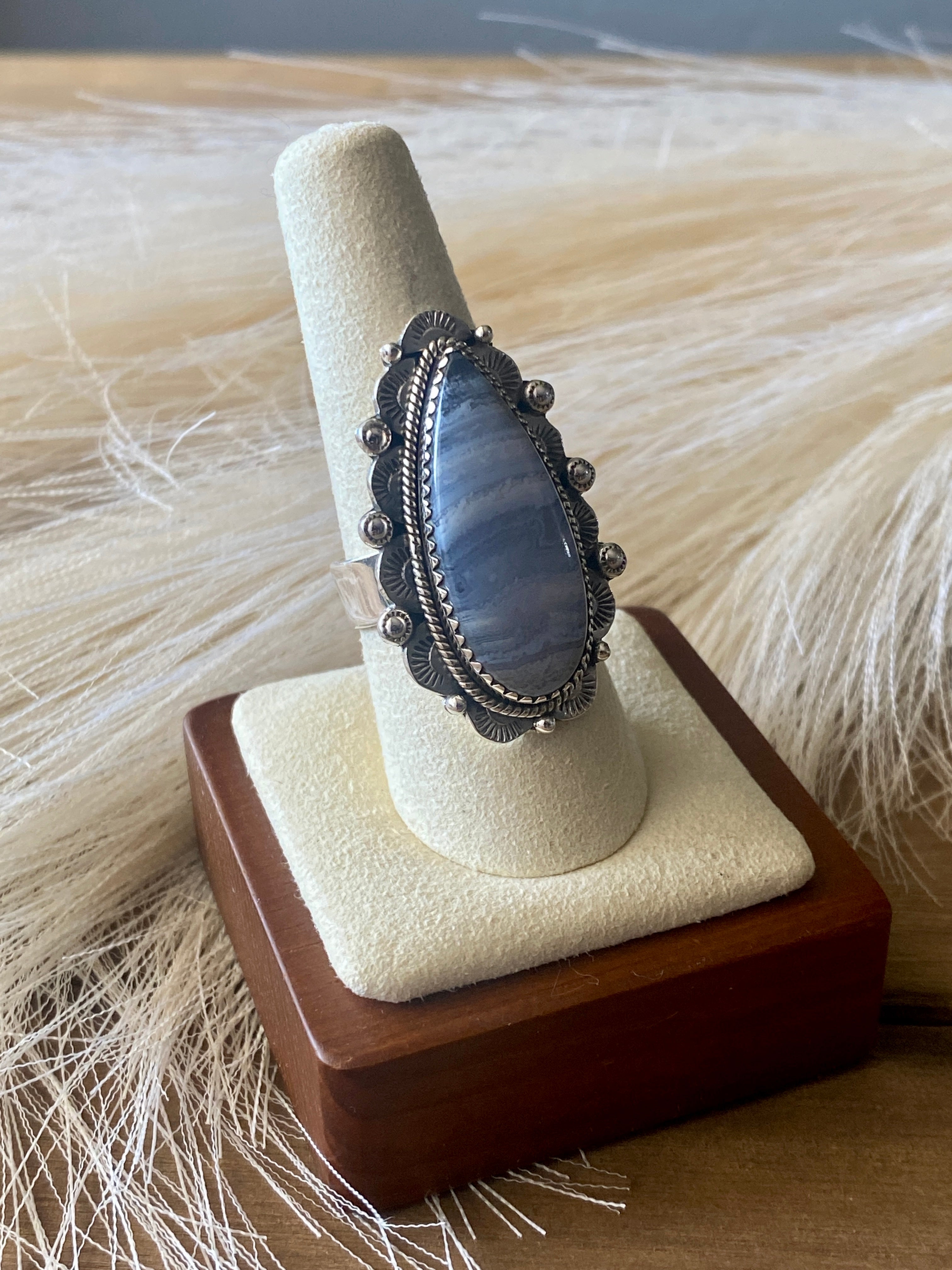 Southwest Handmade Blue Lace Agate & Sterling Silver Adjustable Ring