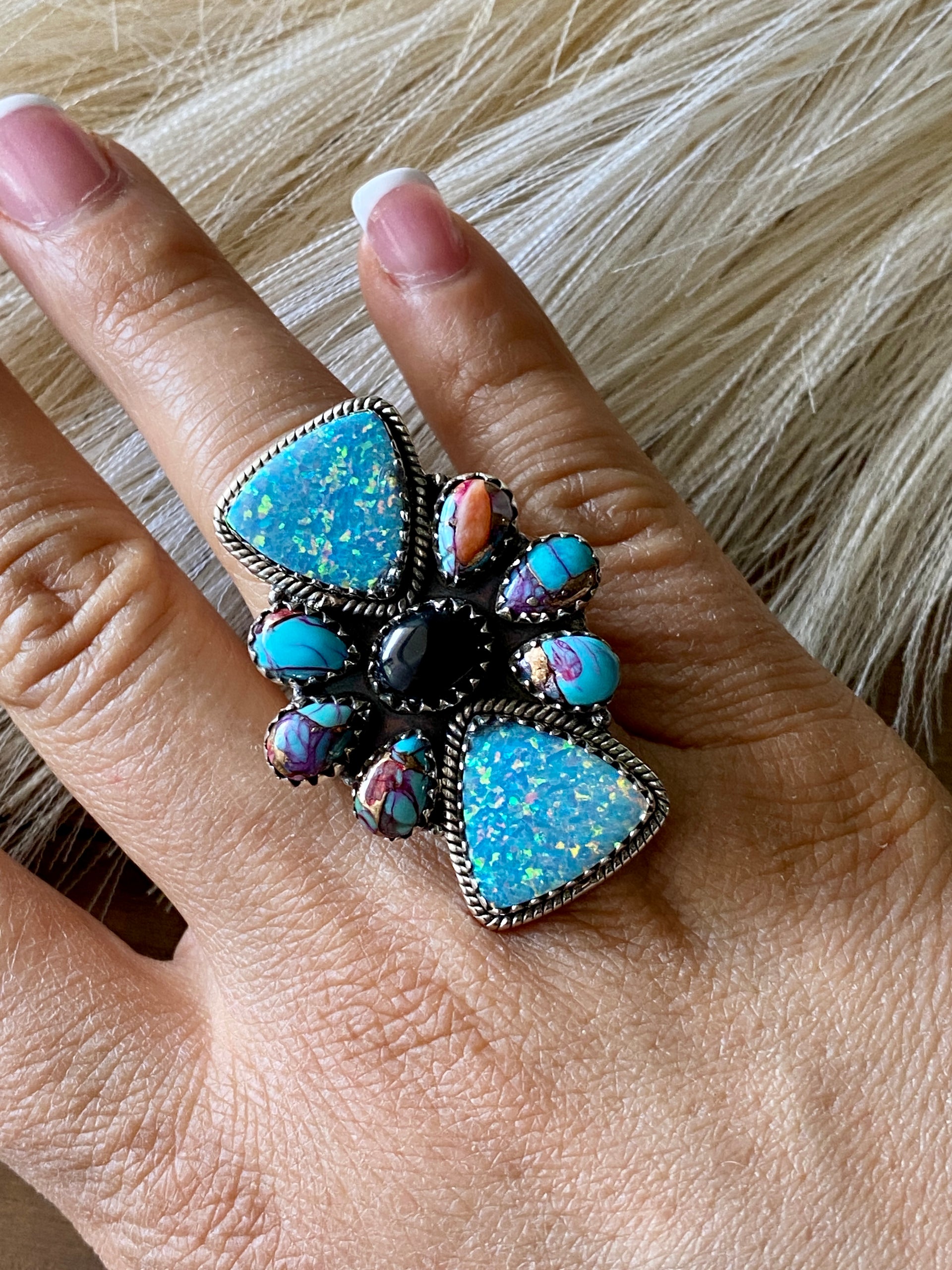 Southwest Handmade Multi Stone & Sterling Silver Adjustable Ring