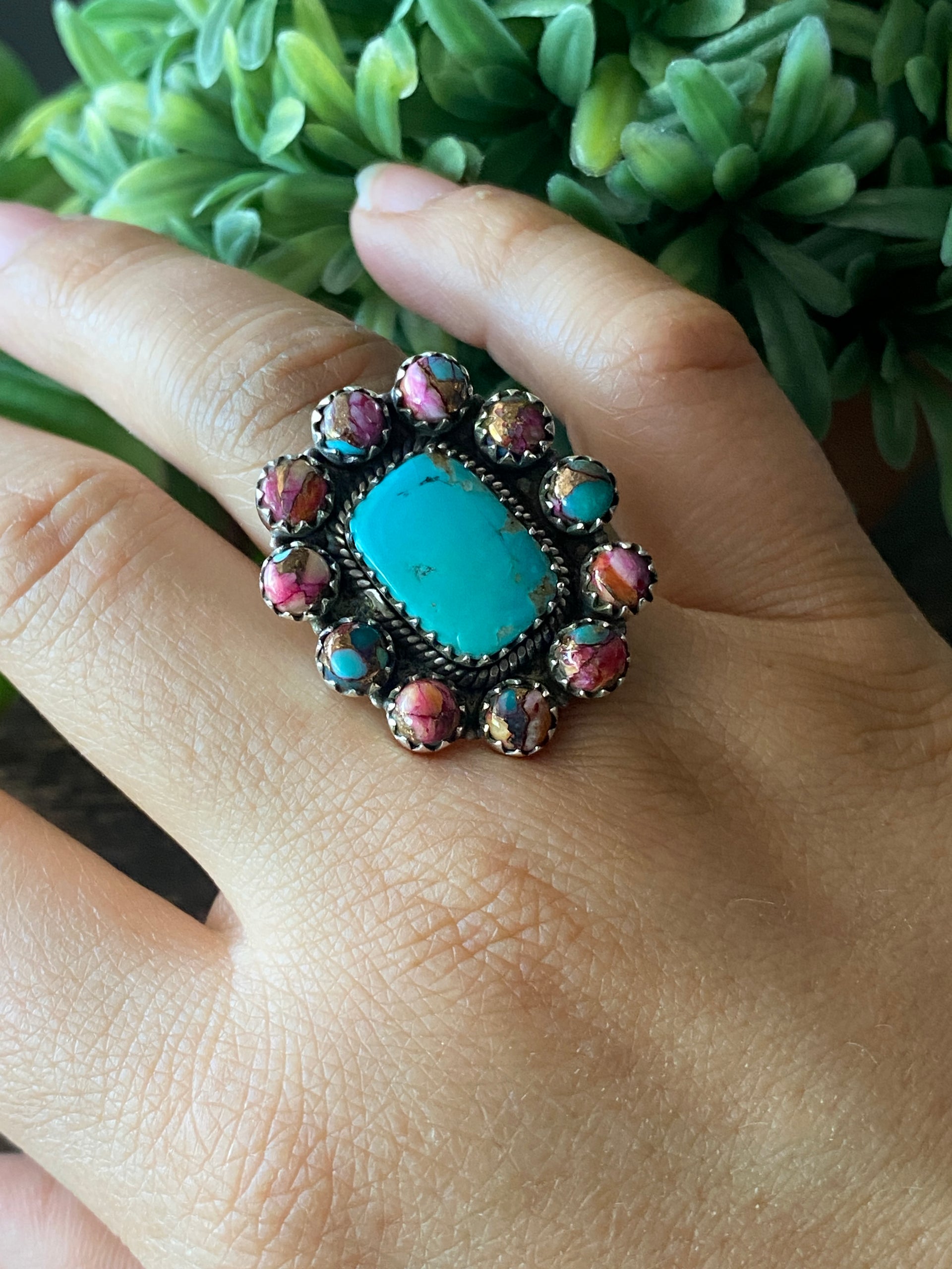 Southwest Handmade Multi Stone & Sterling Silver Adjustable Cluster Ring