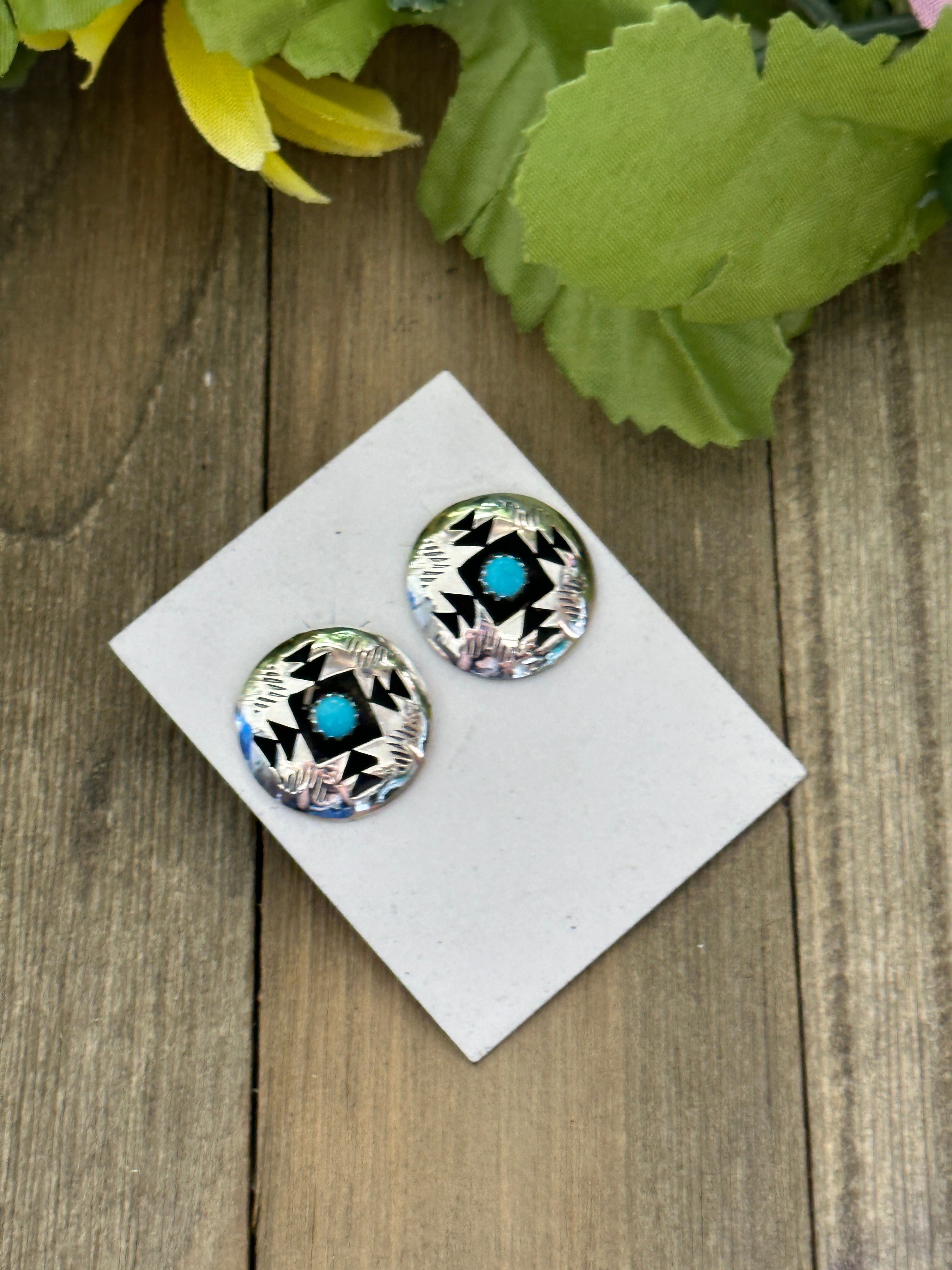 Navajo Made Kingman Turquoise & Sterling Silver Post Earrings