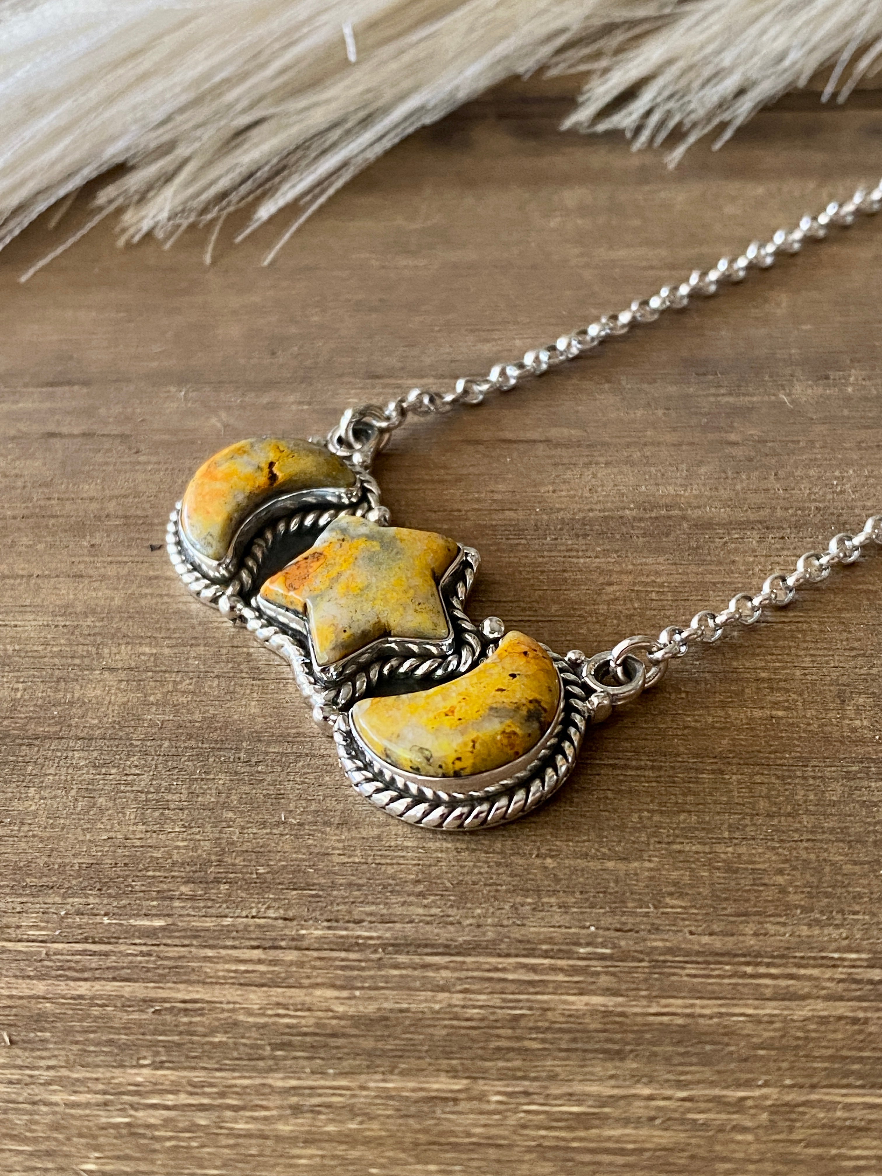#2 Southwest Handmade Bumblebee Jasper & Sterling Silver Moon Star Necklace