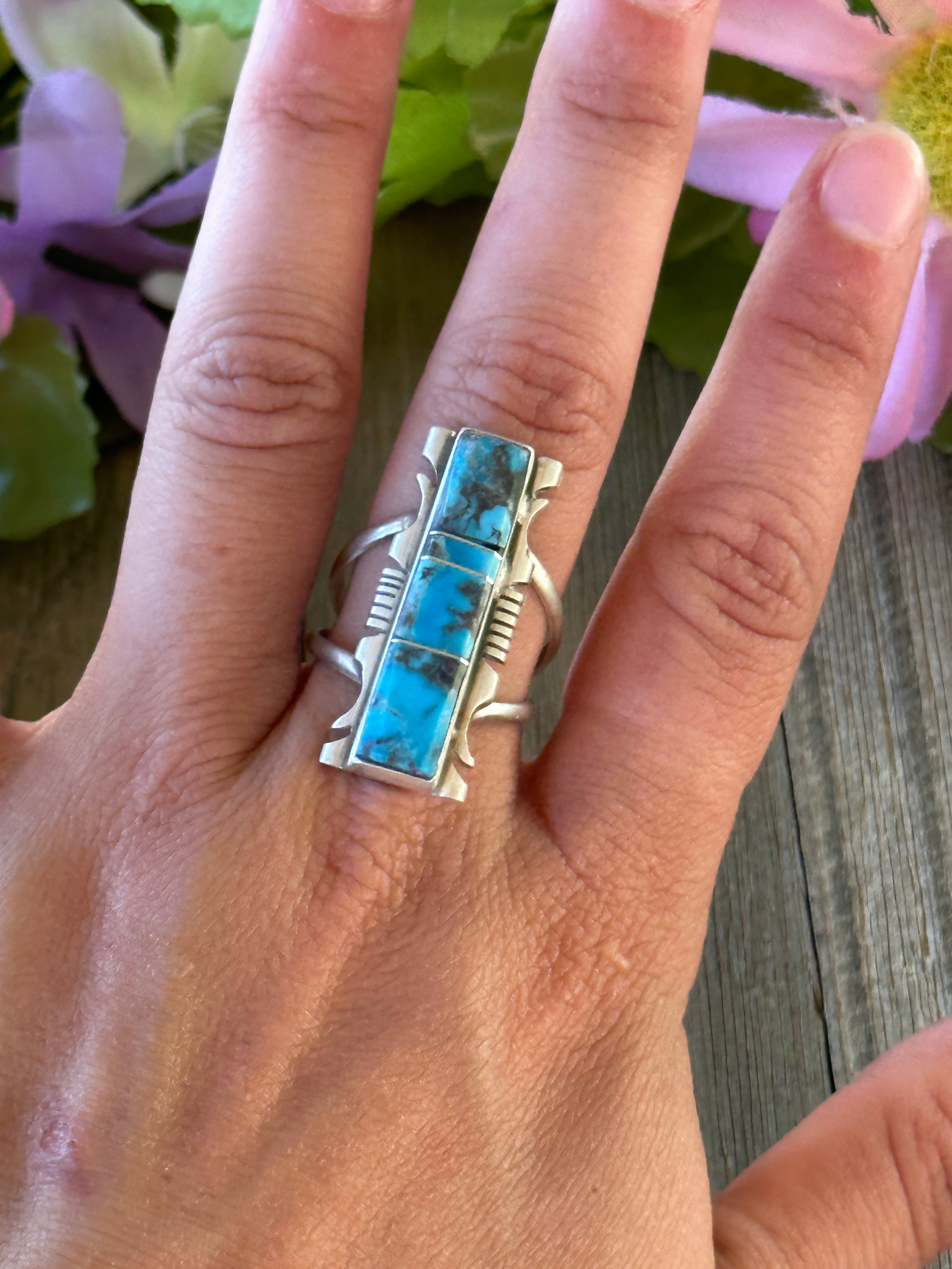 Navajo Made Kingman Turquoise & Sterling Silver Inlay Ring Size 9