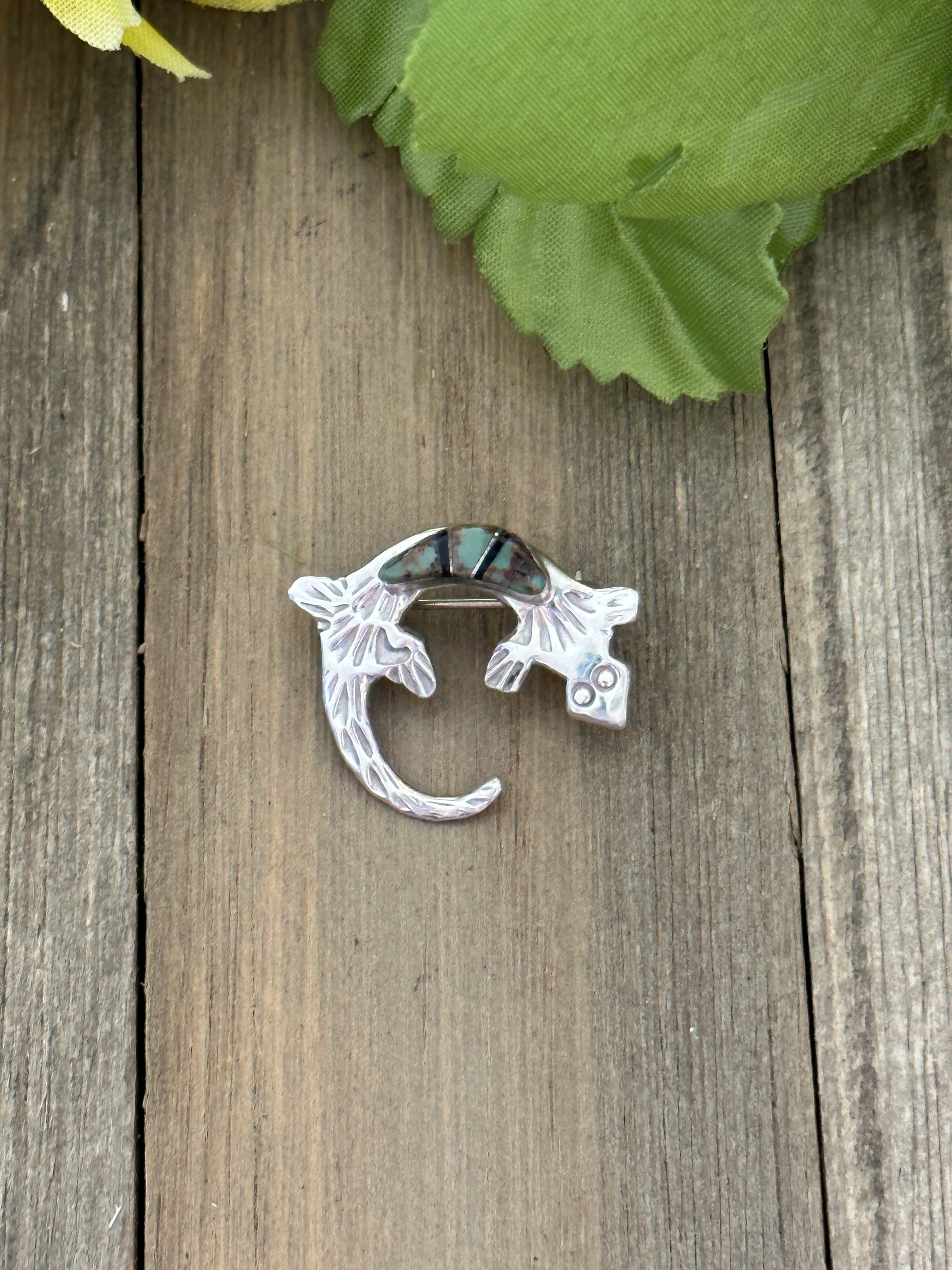 Navajo Made Multi Stone & Sterling Silver Gecko Pin