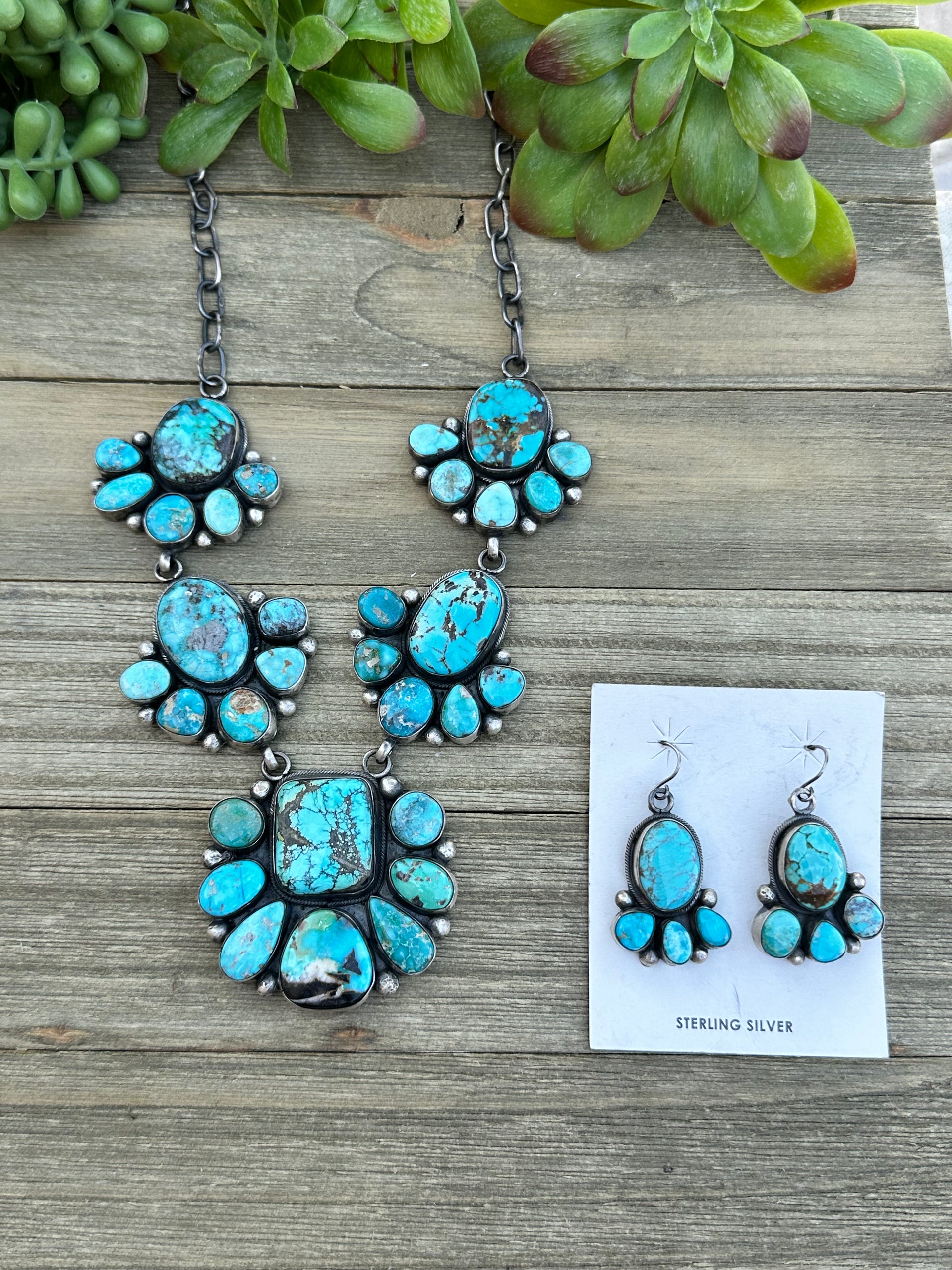 Bea Tom Natural Carico Lake Turquoise and Sterling Silver Necklace Set