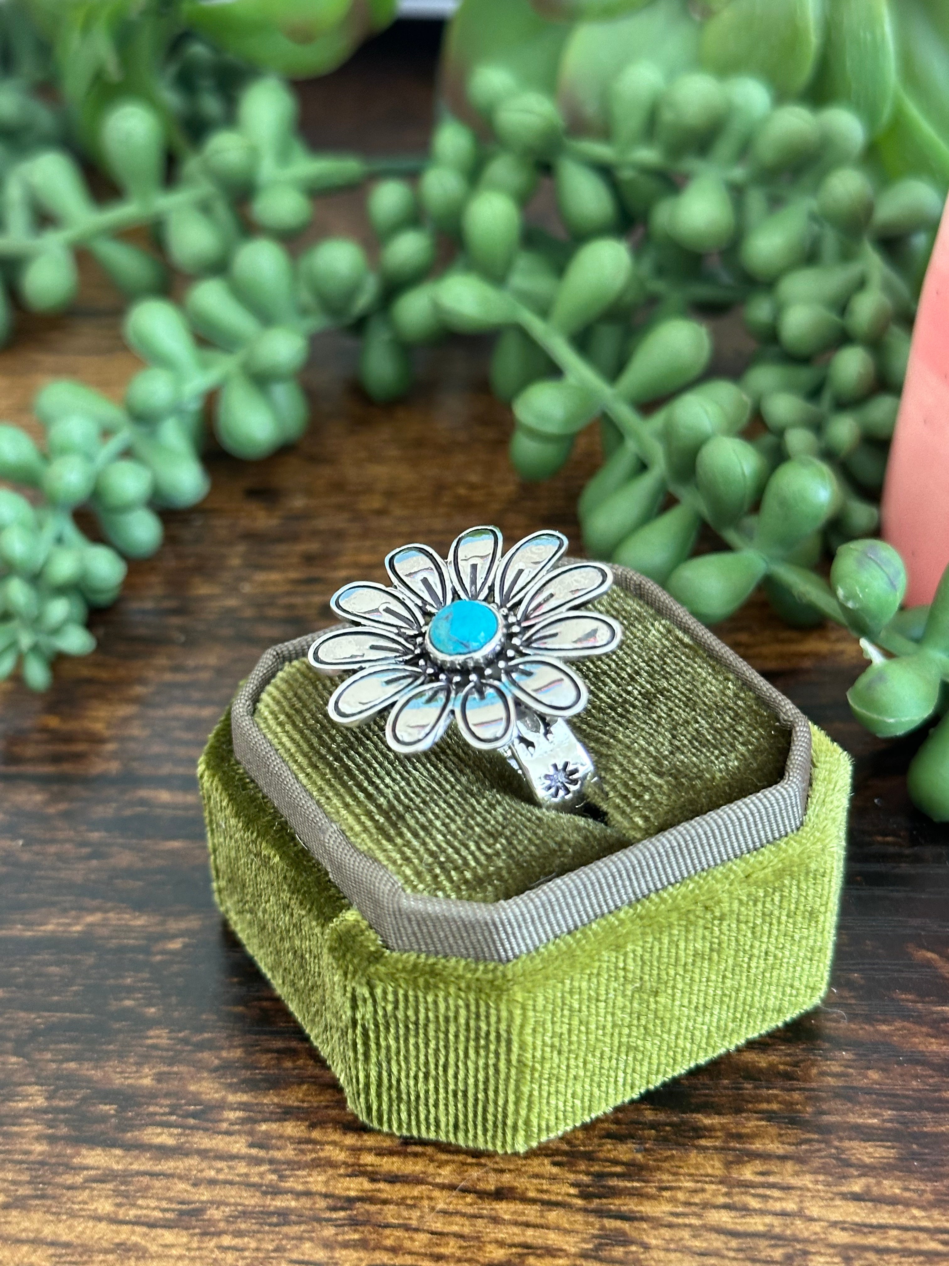 Southwest Made Turquoise & Sterling Silver Flower Adjustable Ring