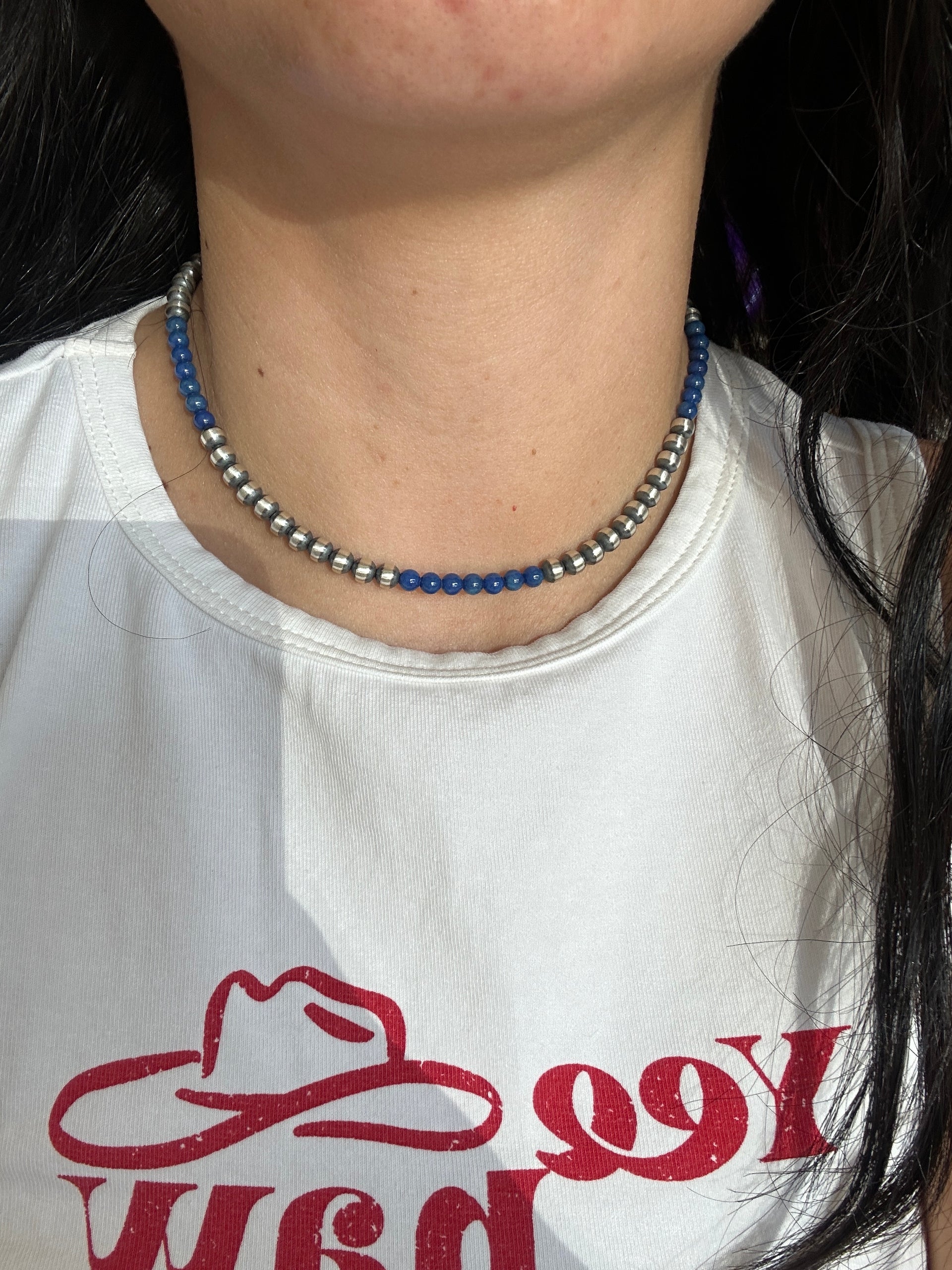 Navajo Strung Lapis & Sterling Silver 5 MM Pearl Necklace