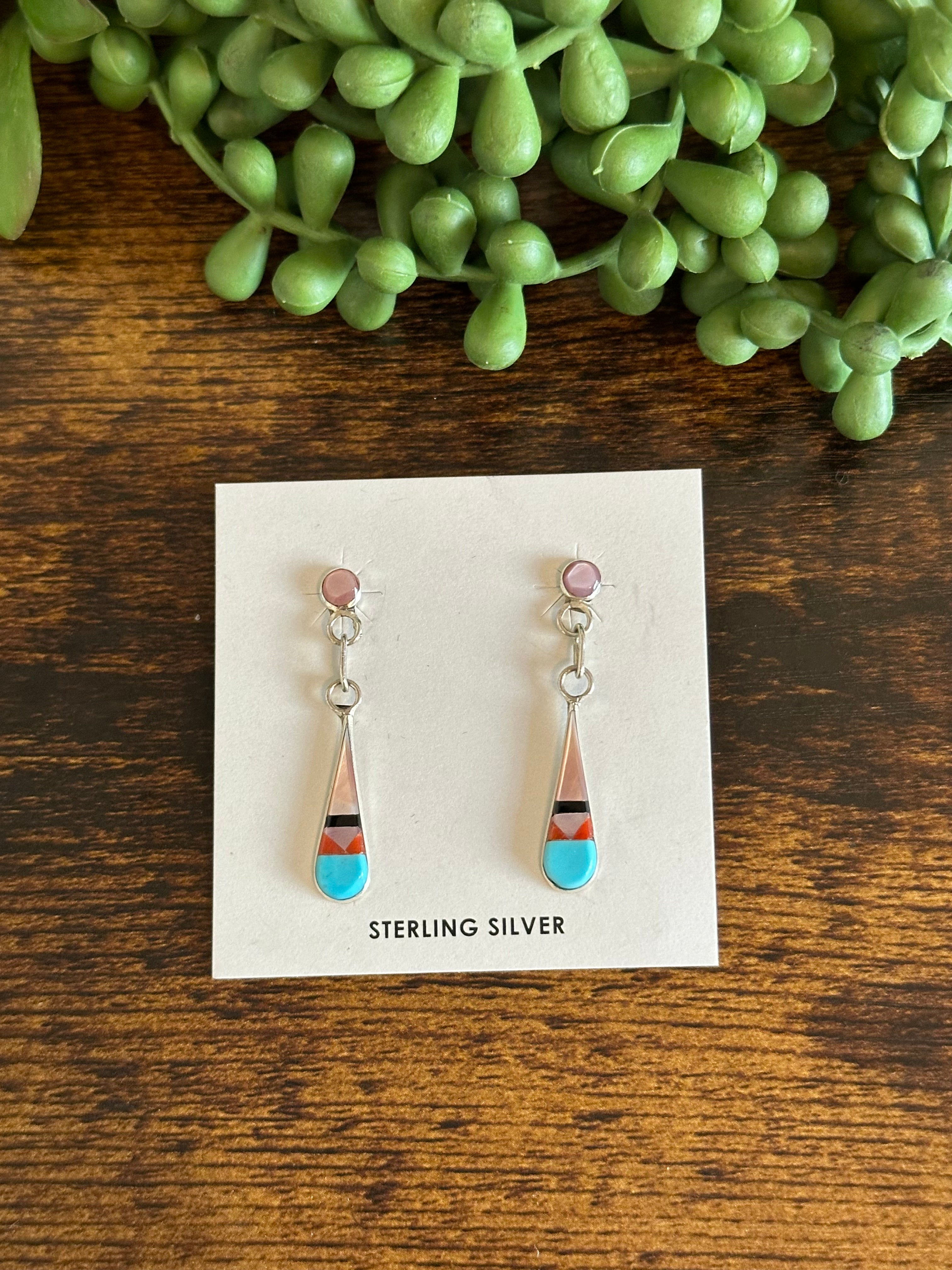 Zuni Made Multi Stone & Sterling Silver Post Dangle Earrings