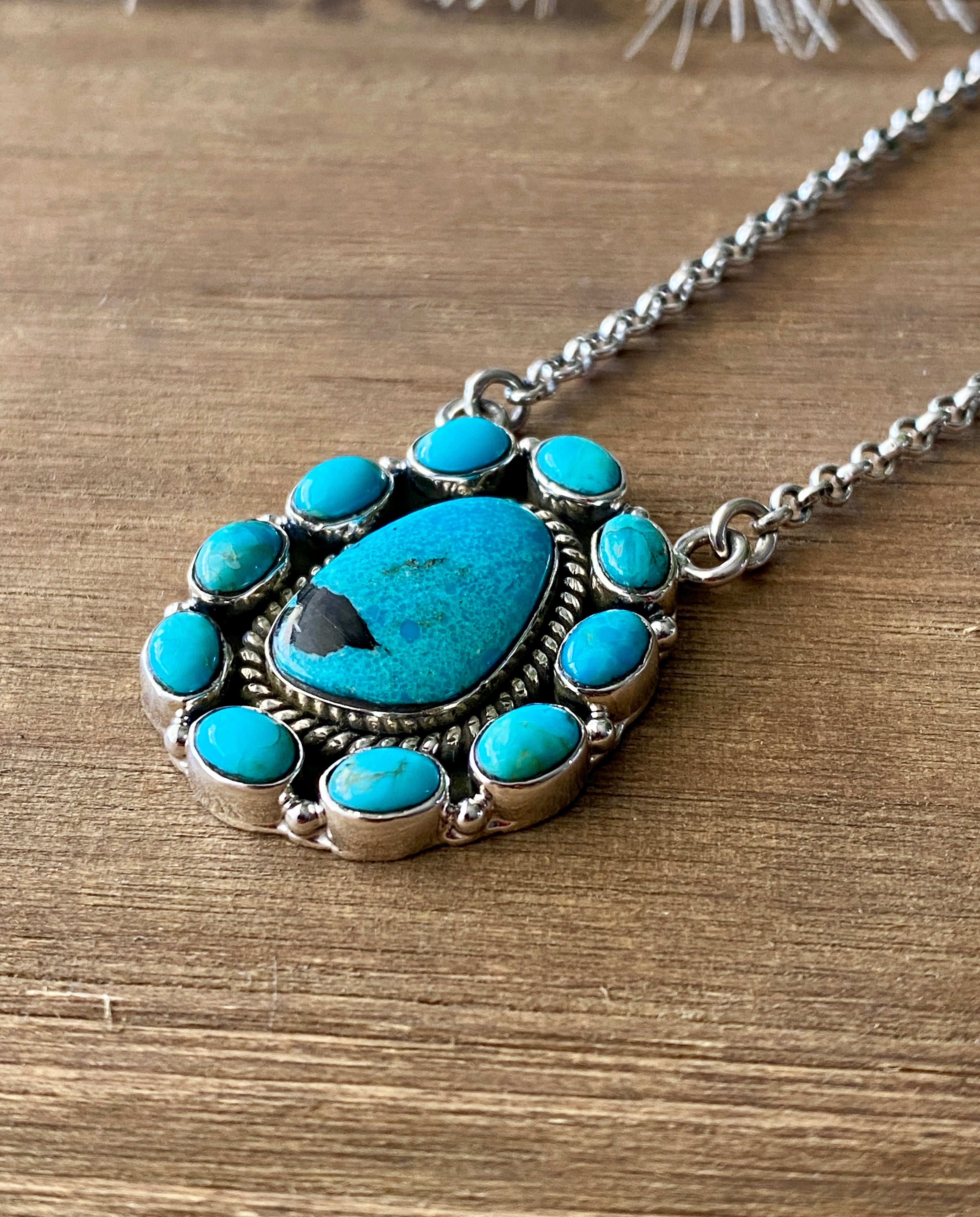 Southwest Handmade Kingman Turquoise & Sterling Silver Cluster Necklace