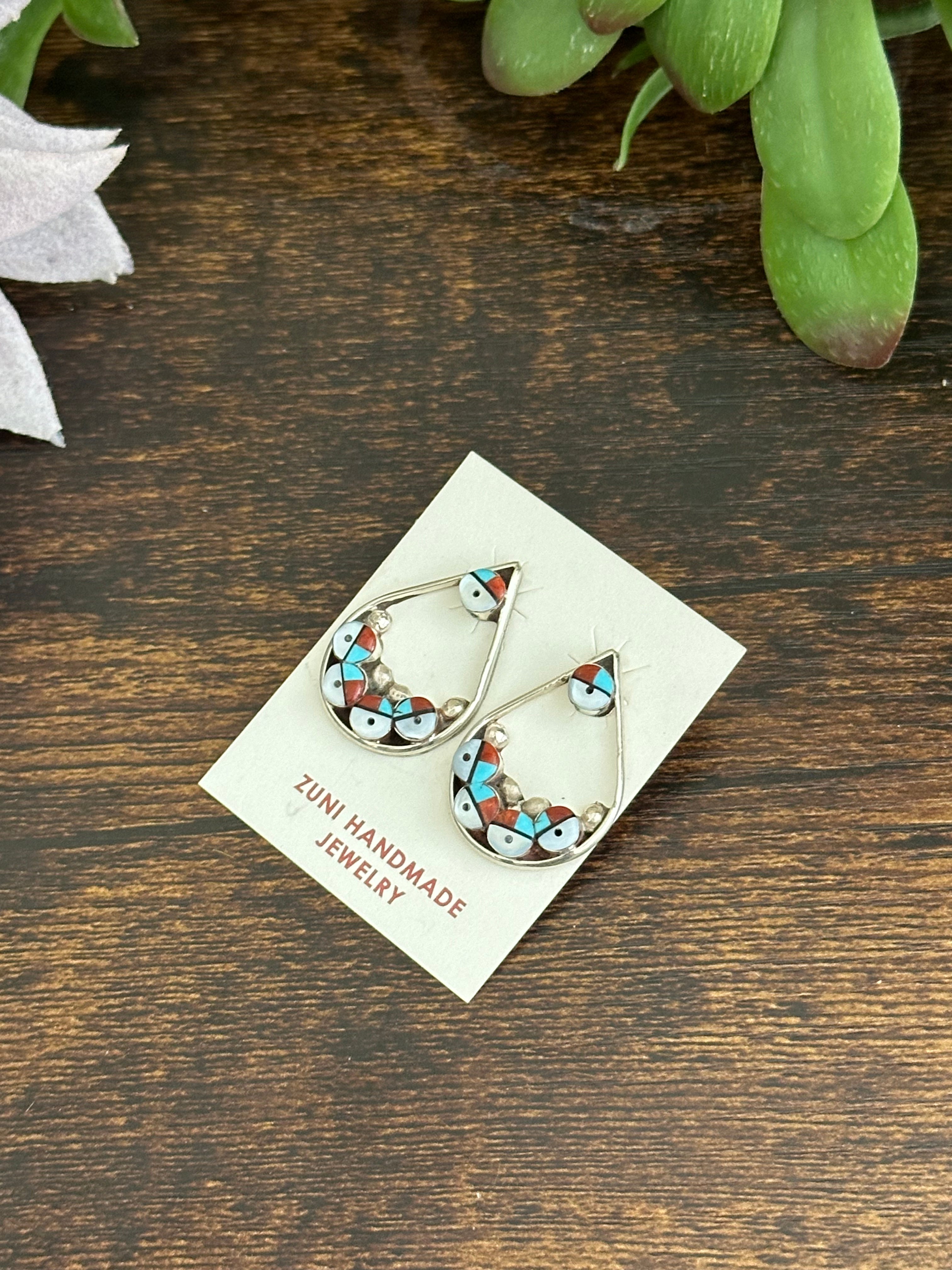Zuni Made Multi Stone & Sterling Silver Post Dangle Inlay Earrings