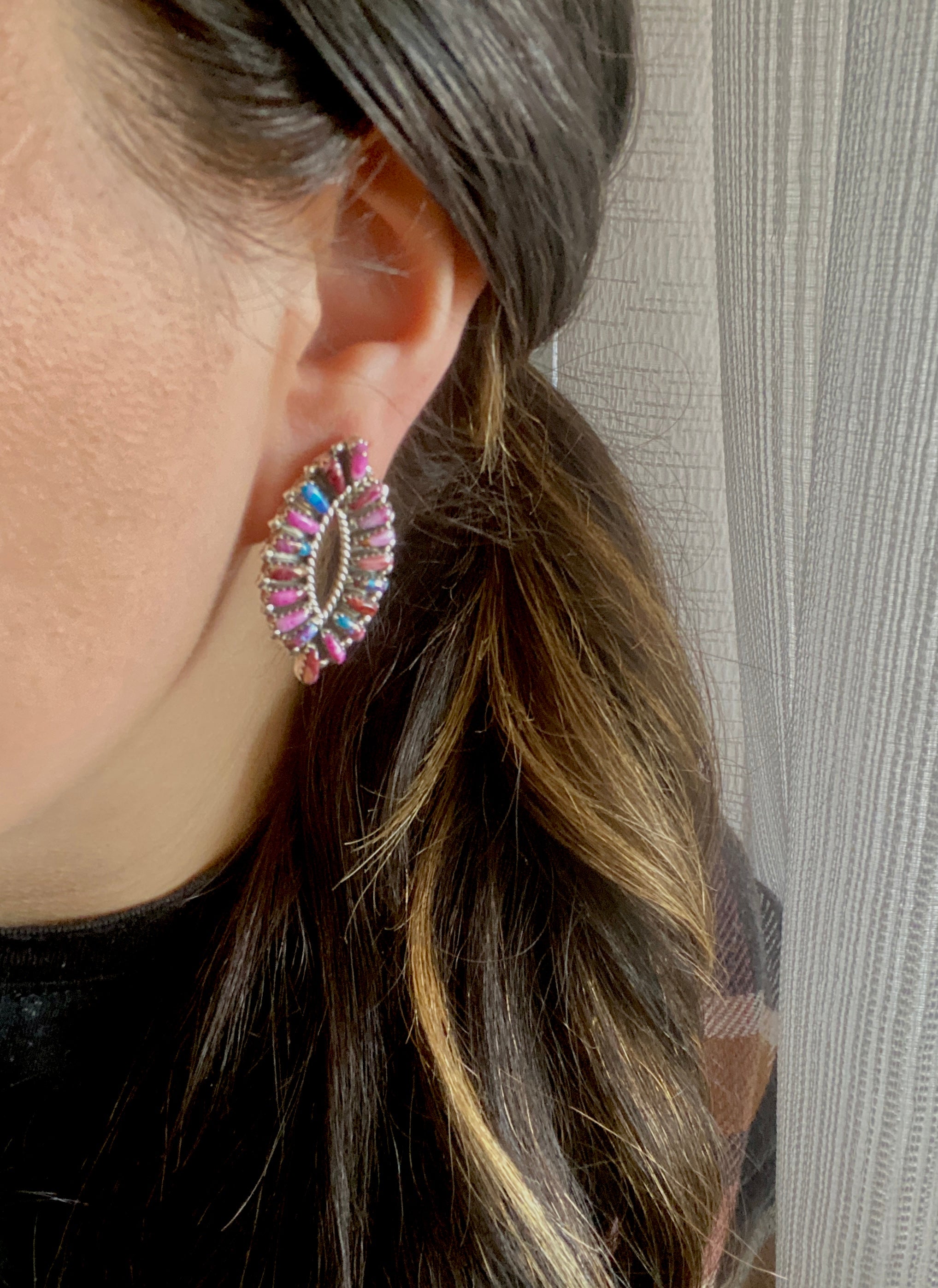 Navajo Made Pink Mohave Turquoise & Sterling Silver Post Cluster Earrings