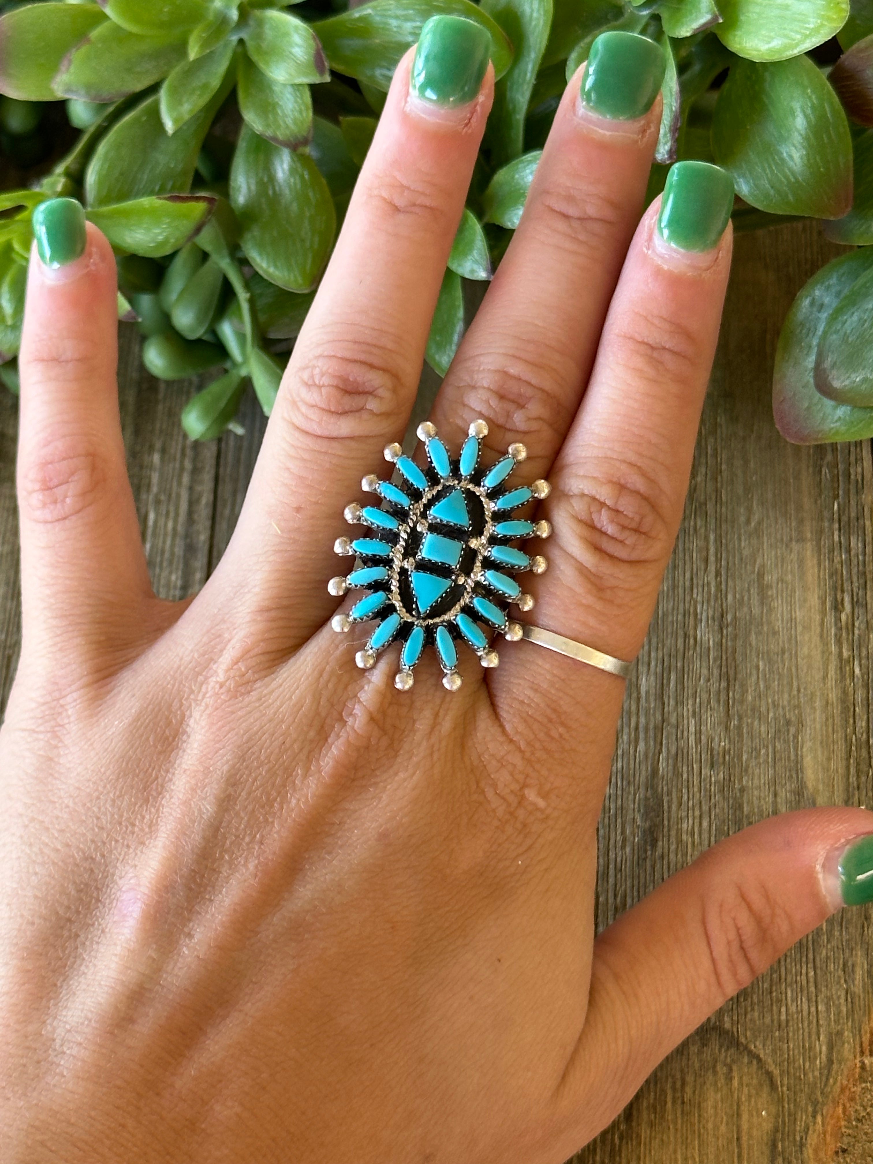 Zuni Made Turquoise & Sterling Silver Ring Size 7.5