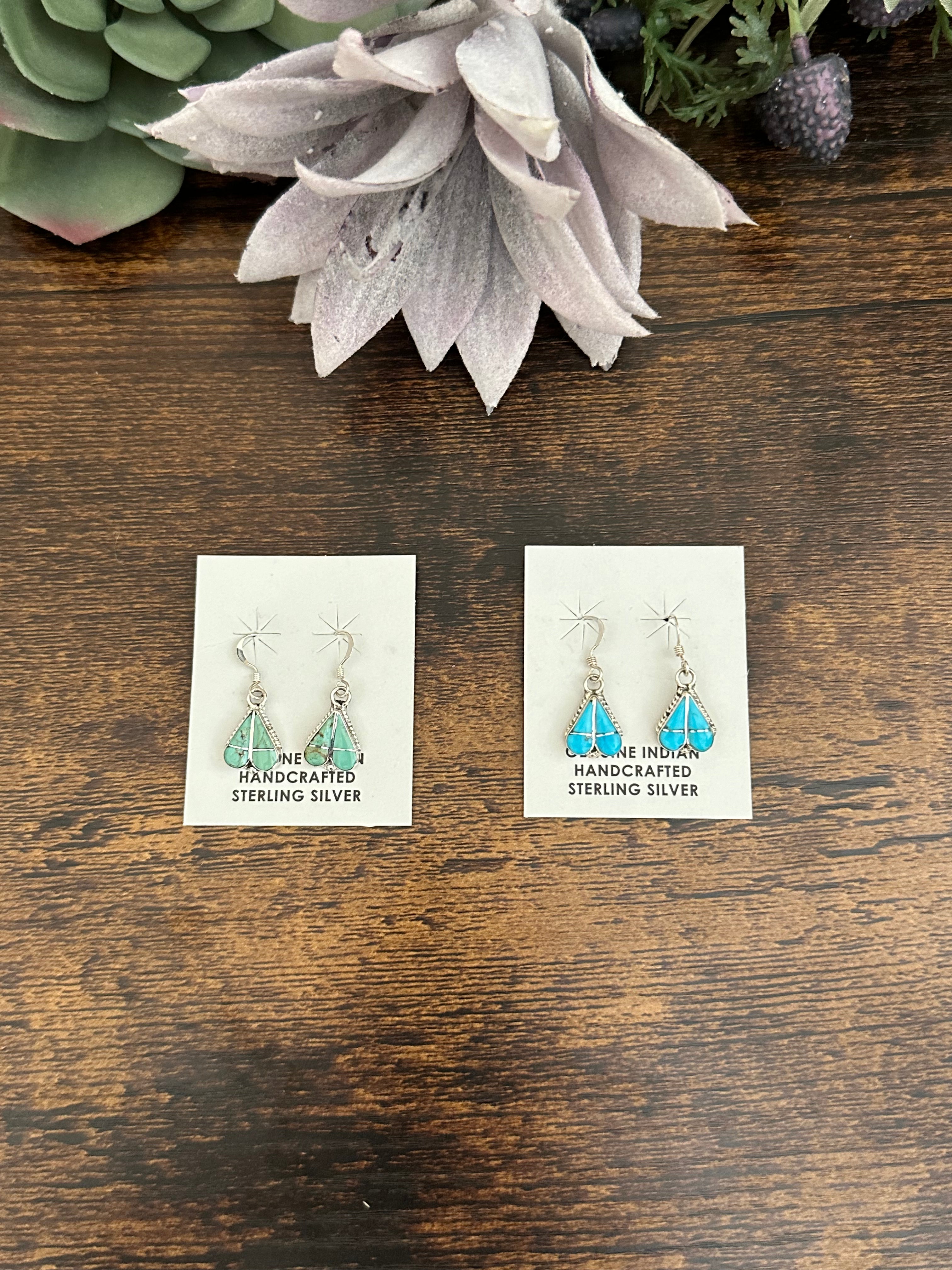 Vaelda Nastacio Kingman Turquoise & Sterling Silver Inlay Dangle Heart Earrings