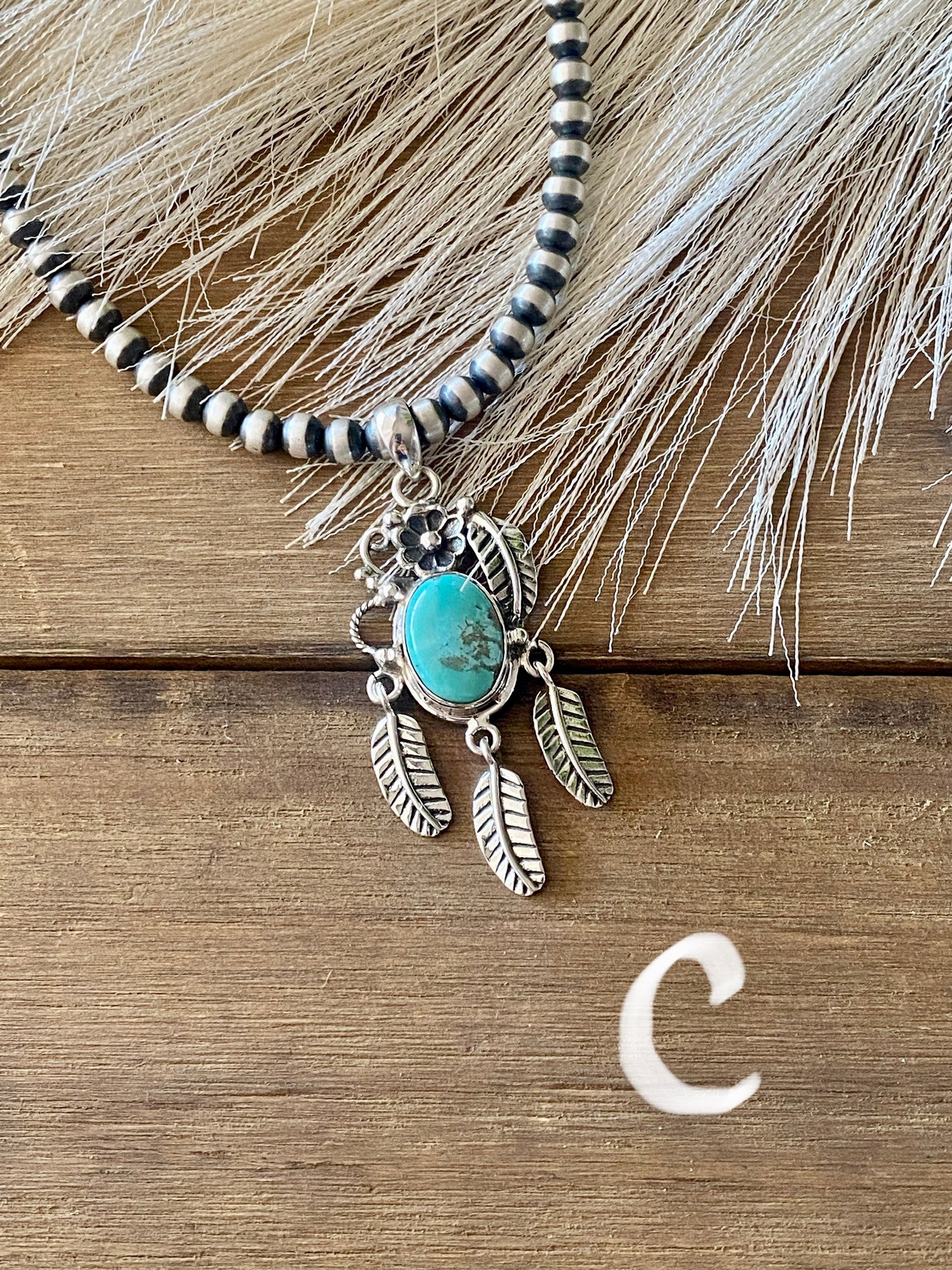 Southwest Handmade Kingman Turquoise & Sterling Silver Feather Pendant