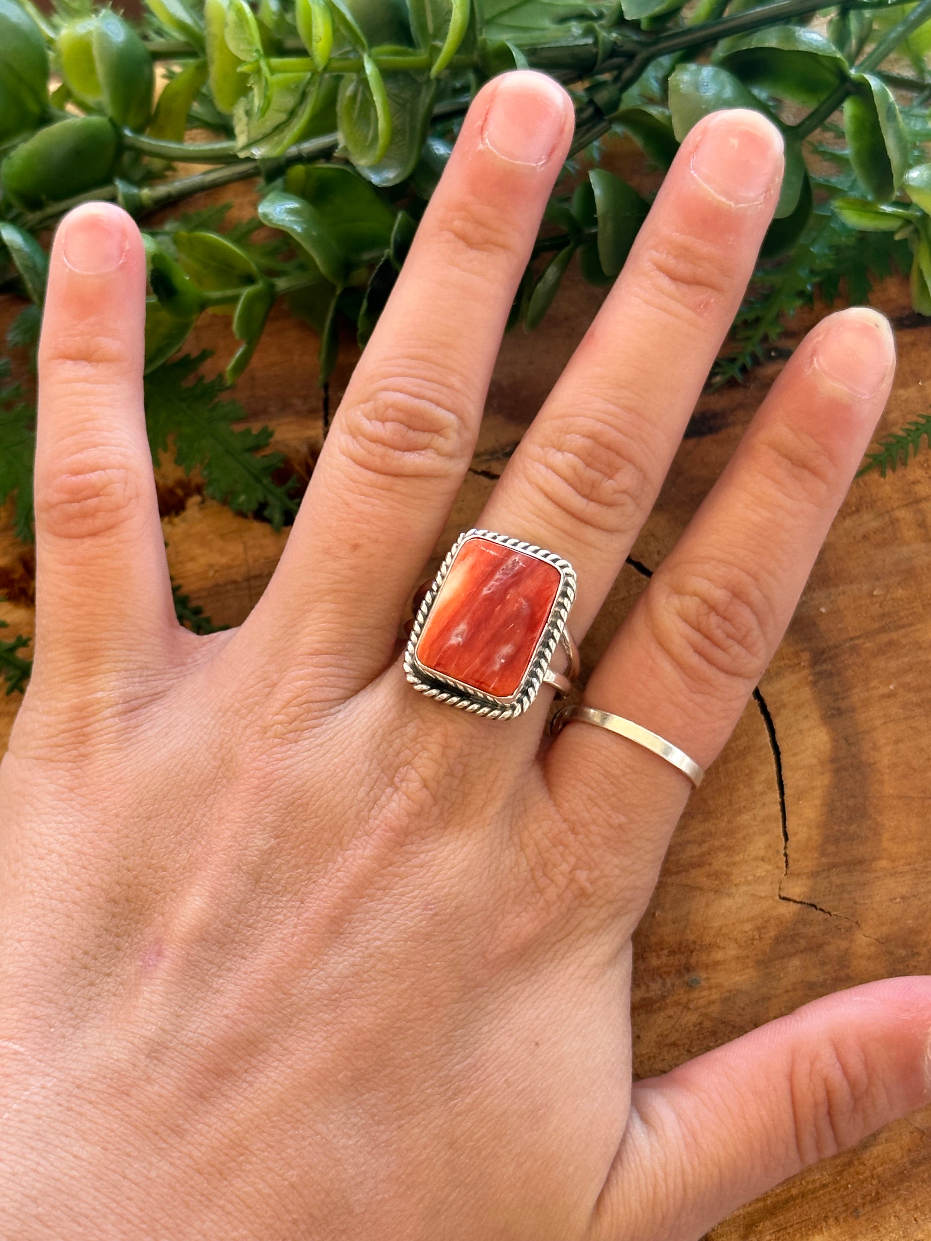 Navajo Made Red Spiny Oyster & Sterling Silver Ring Size 8.75