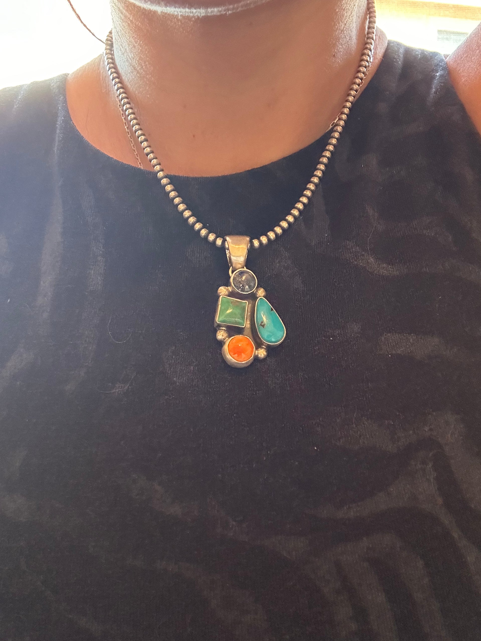 Navajo Made Multi Stone & Sterling Silver Pendant