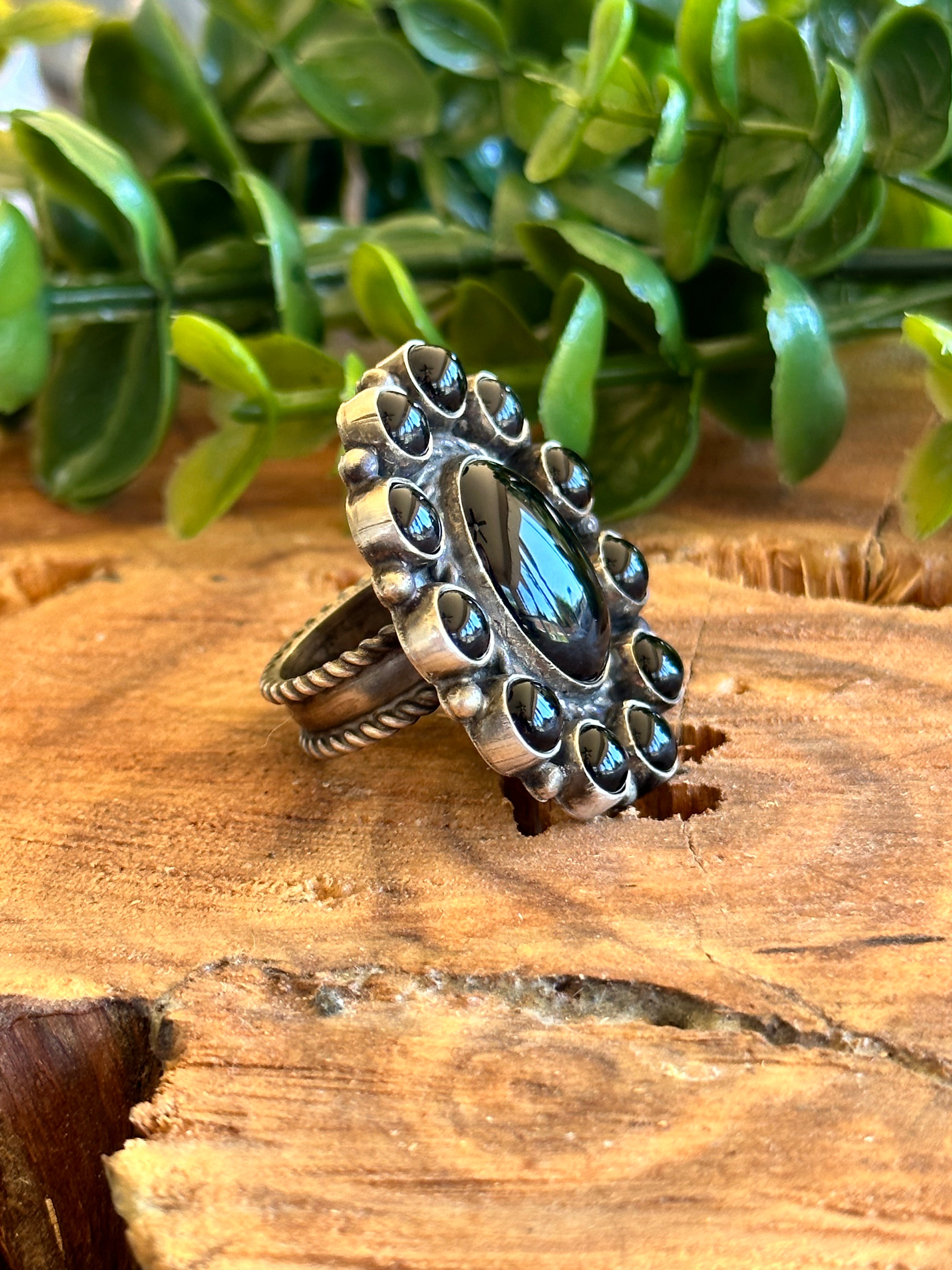 Navajo Made Onyx & Sterling Silver Adjustable Cluster Ring