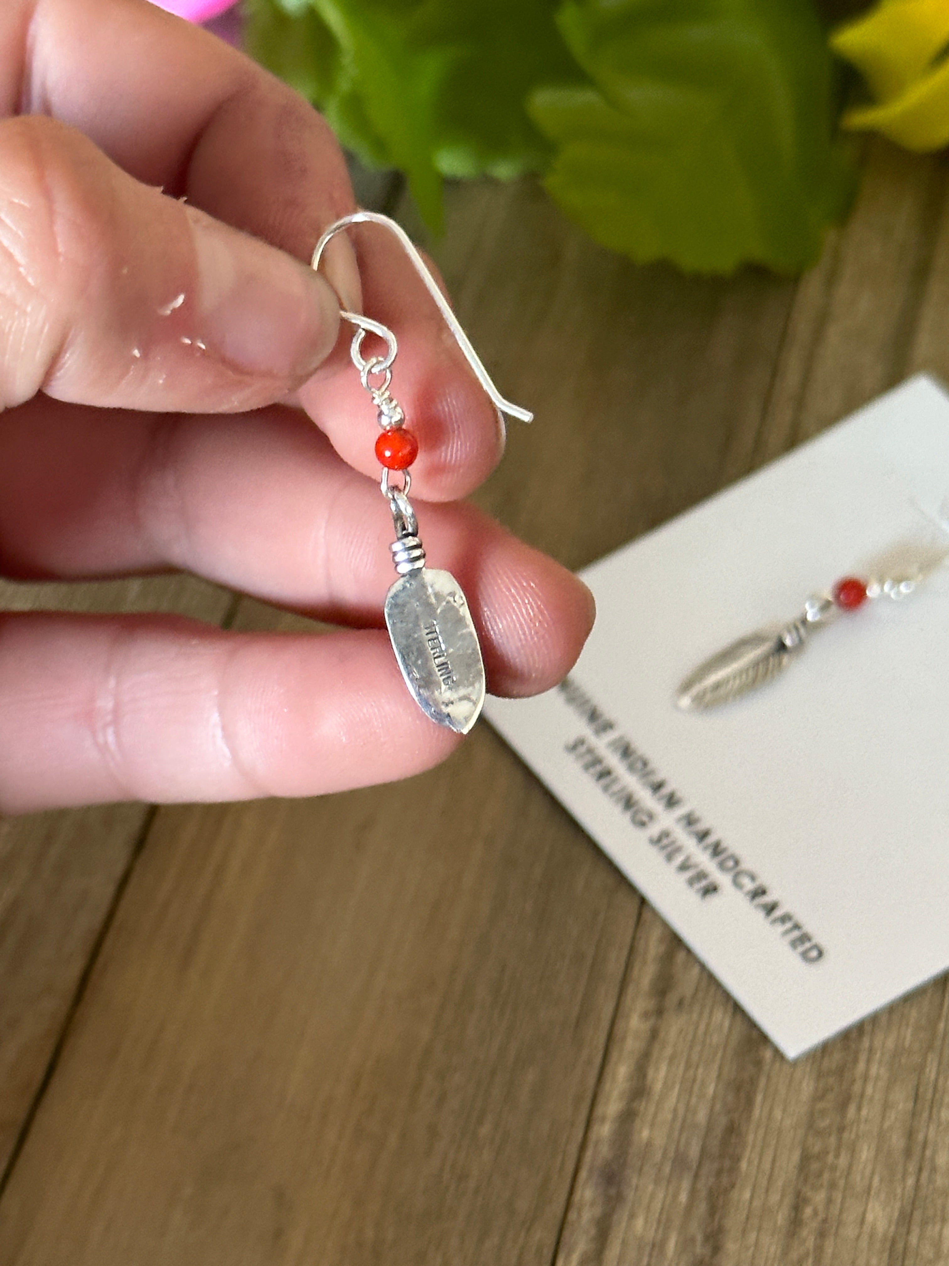 Navajo Made Coral & Sterling Silver Dangle Cross Earrings