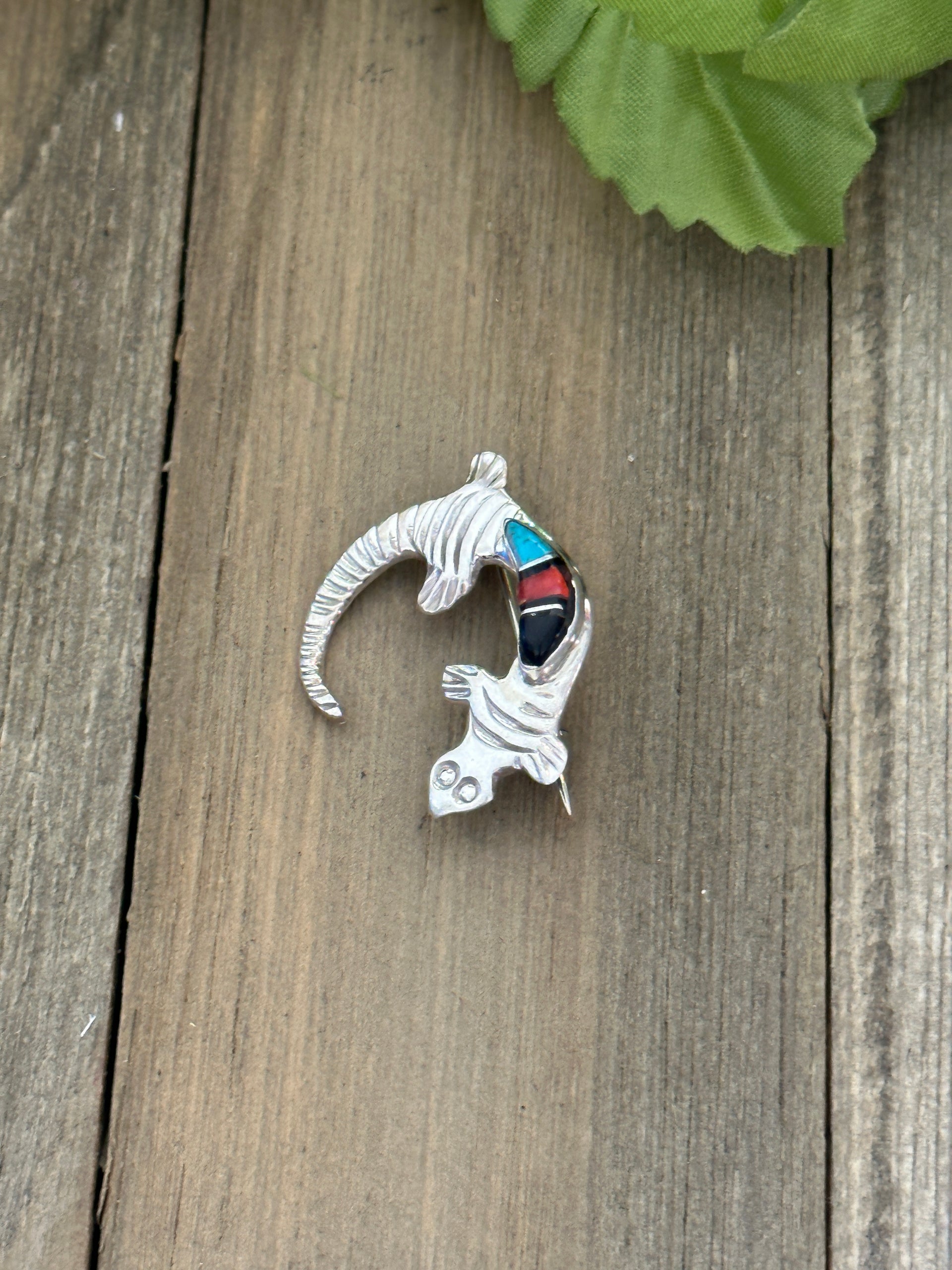 Navajo Made Multi Stone & Sterling Silver Gecko Pin