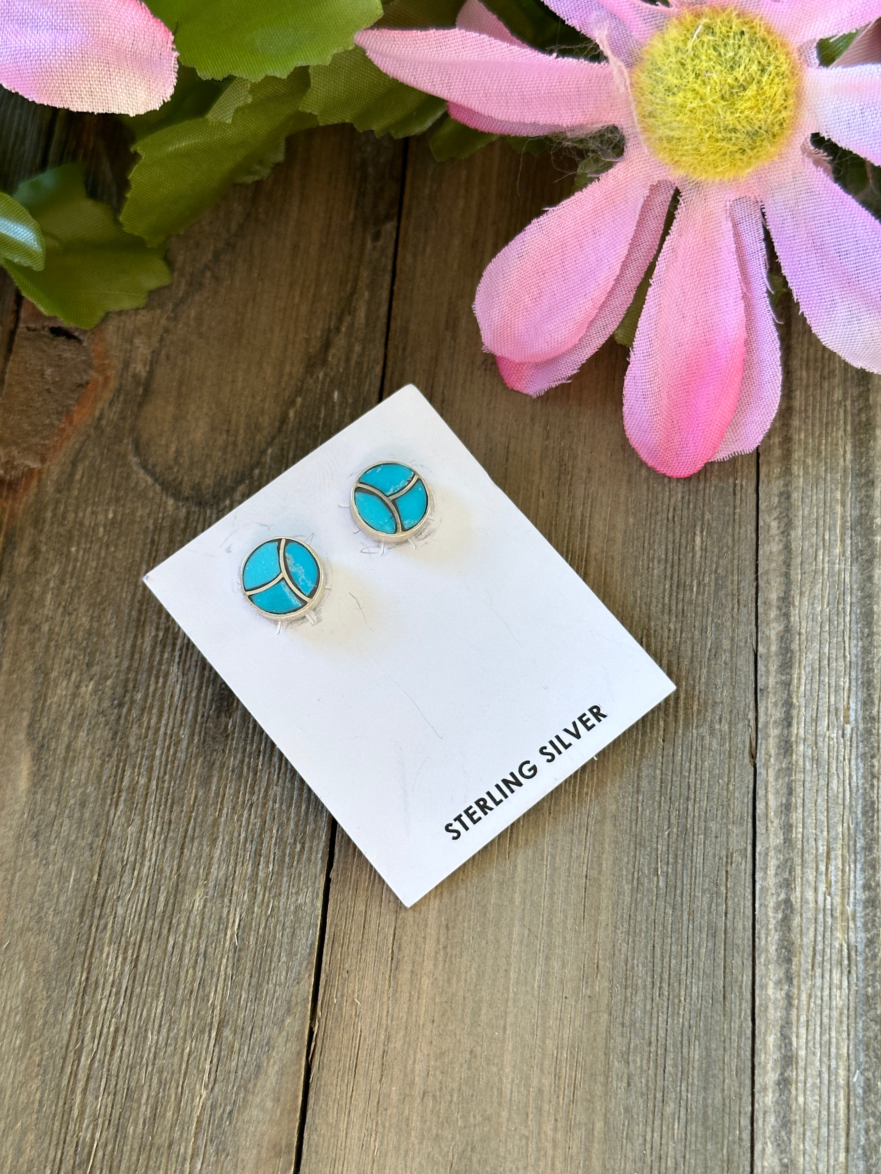 Navajo Made Turquoise & Sterling Silver Post Inlay Earrings