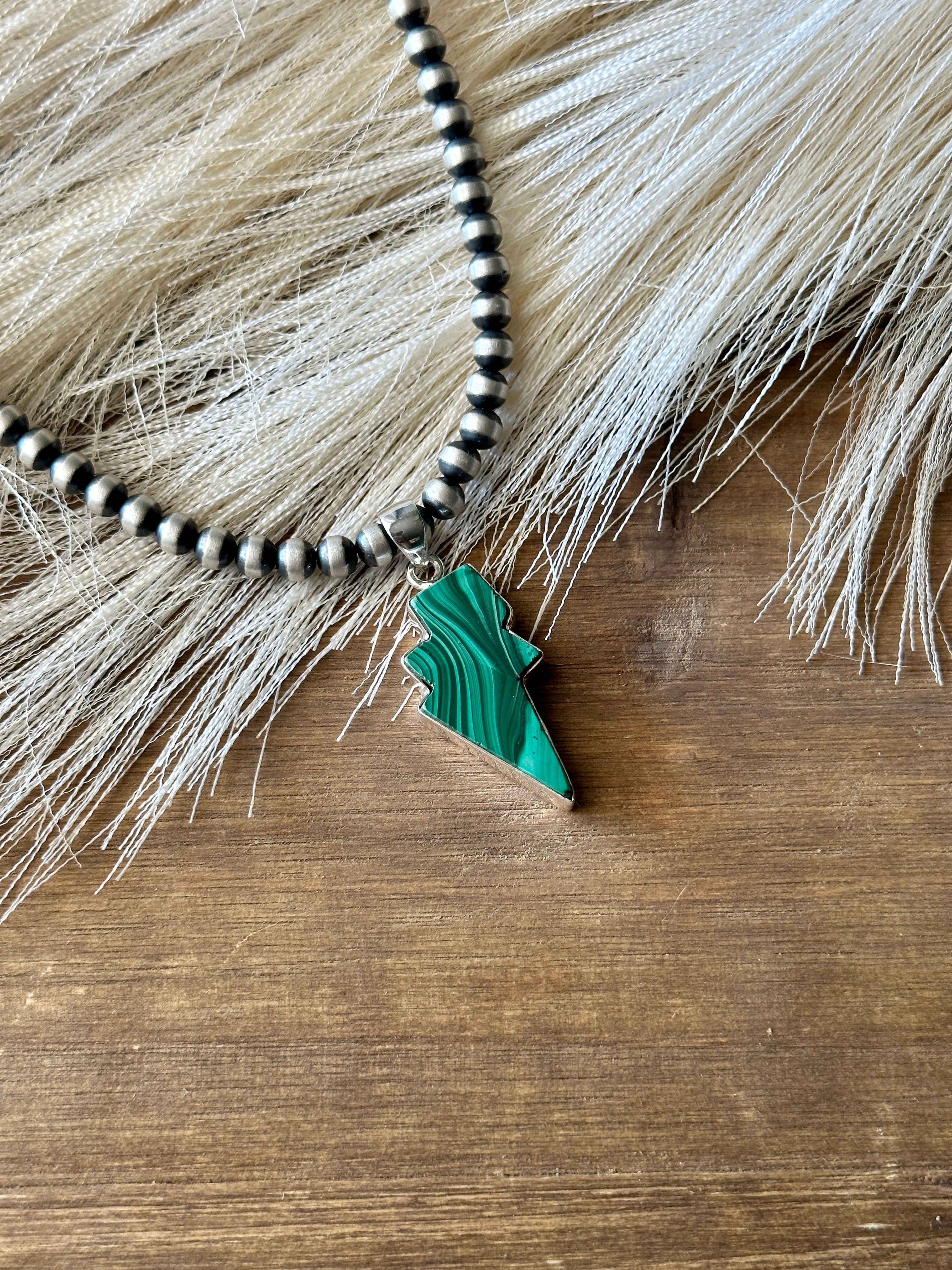 Southwest Handmade Malachite & Sterling Silver Lightning Bolt Pendant