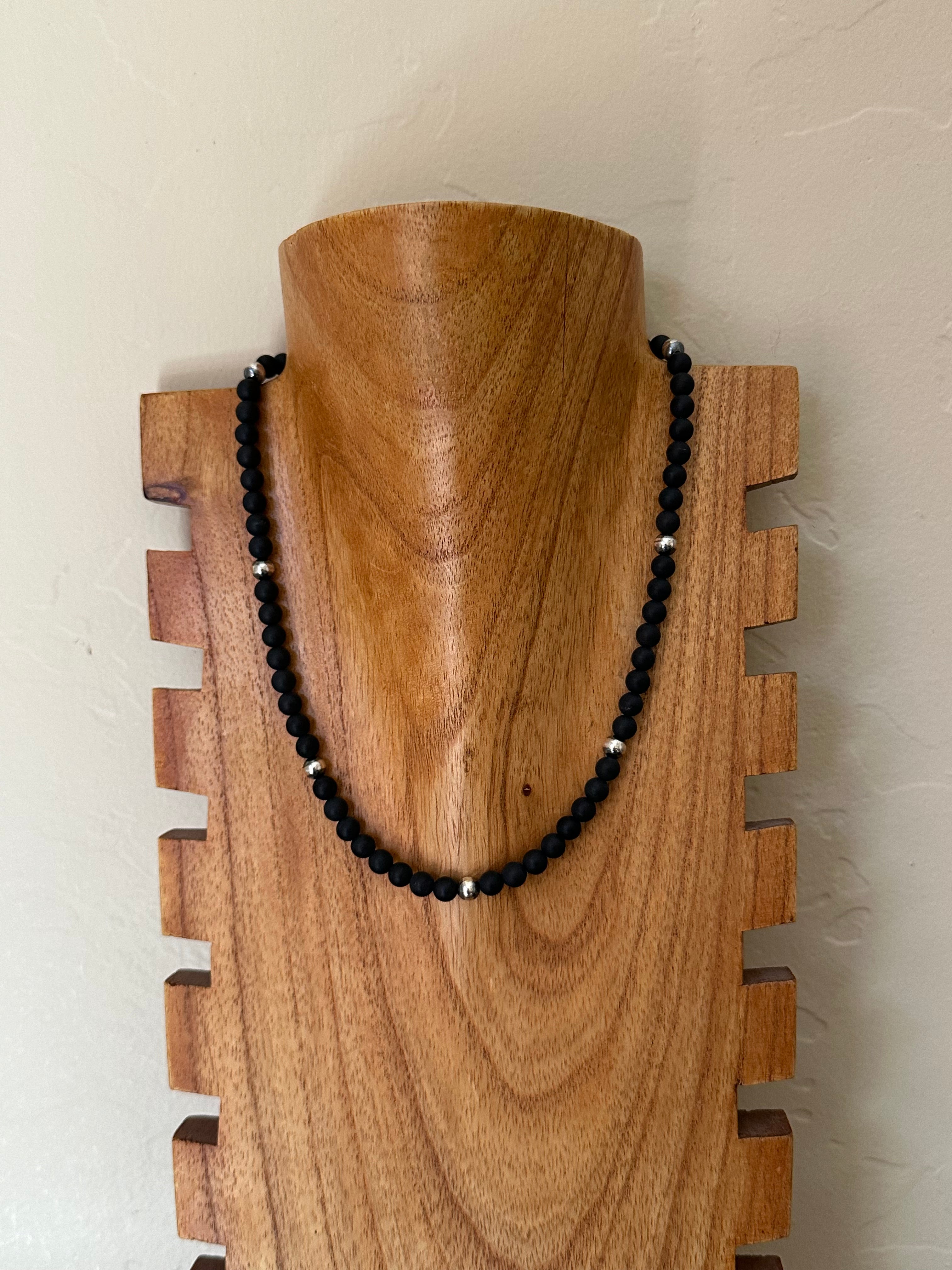 Navajo Strung Onyx & Sterling Silver Pearls Beaded Necklace