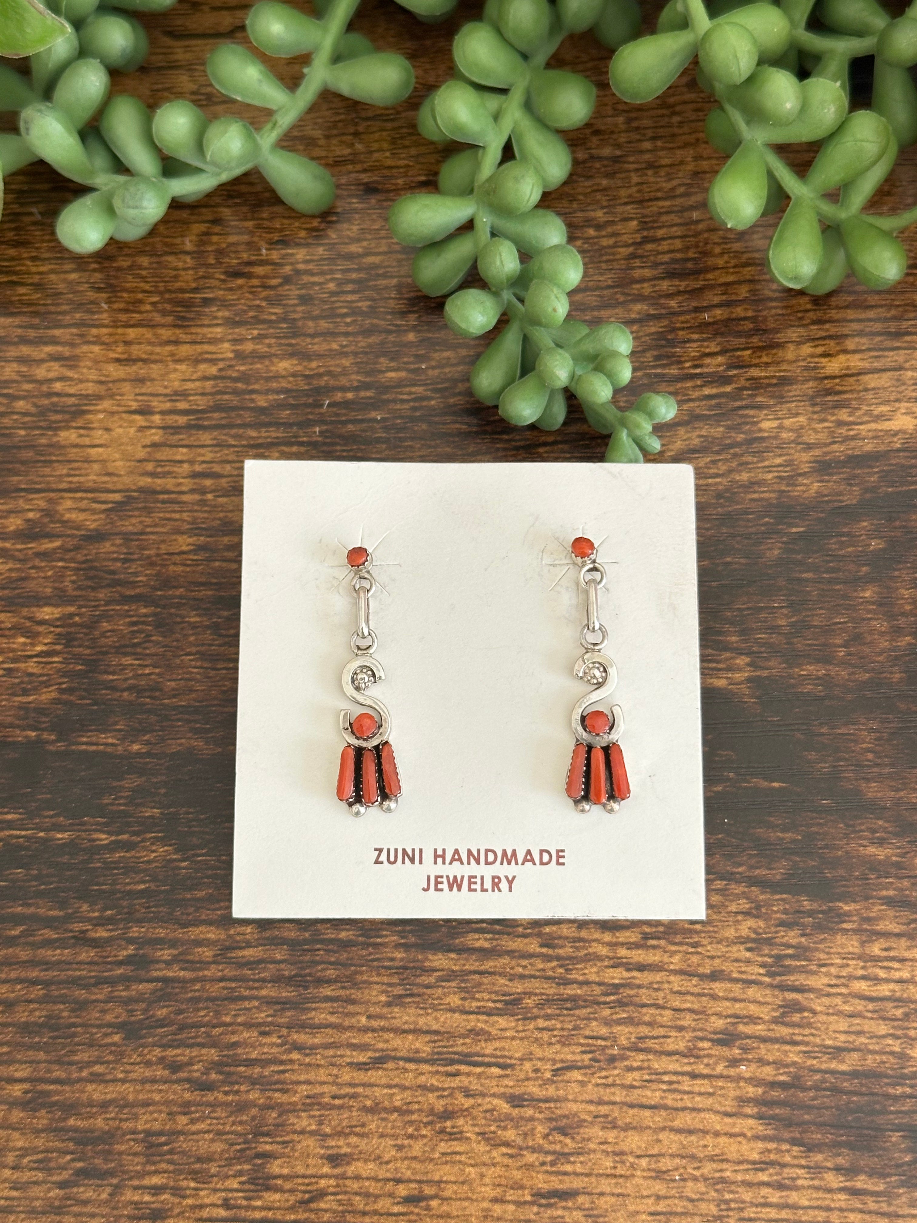 Zuni Made Pink Coral & Sterling Silver Post Dangle Earrings