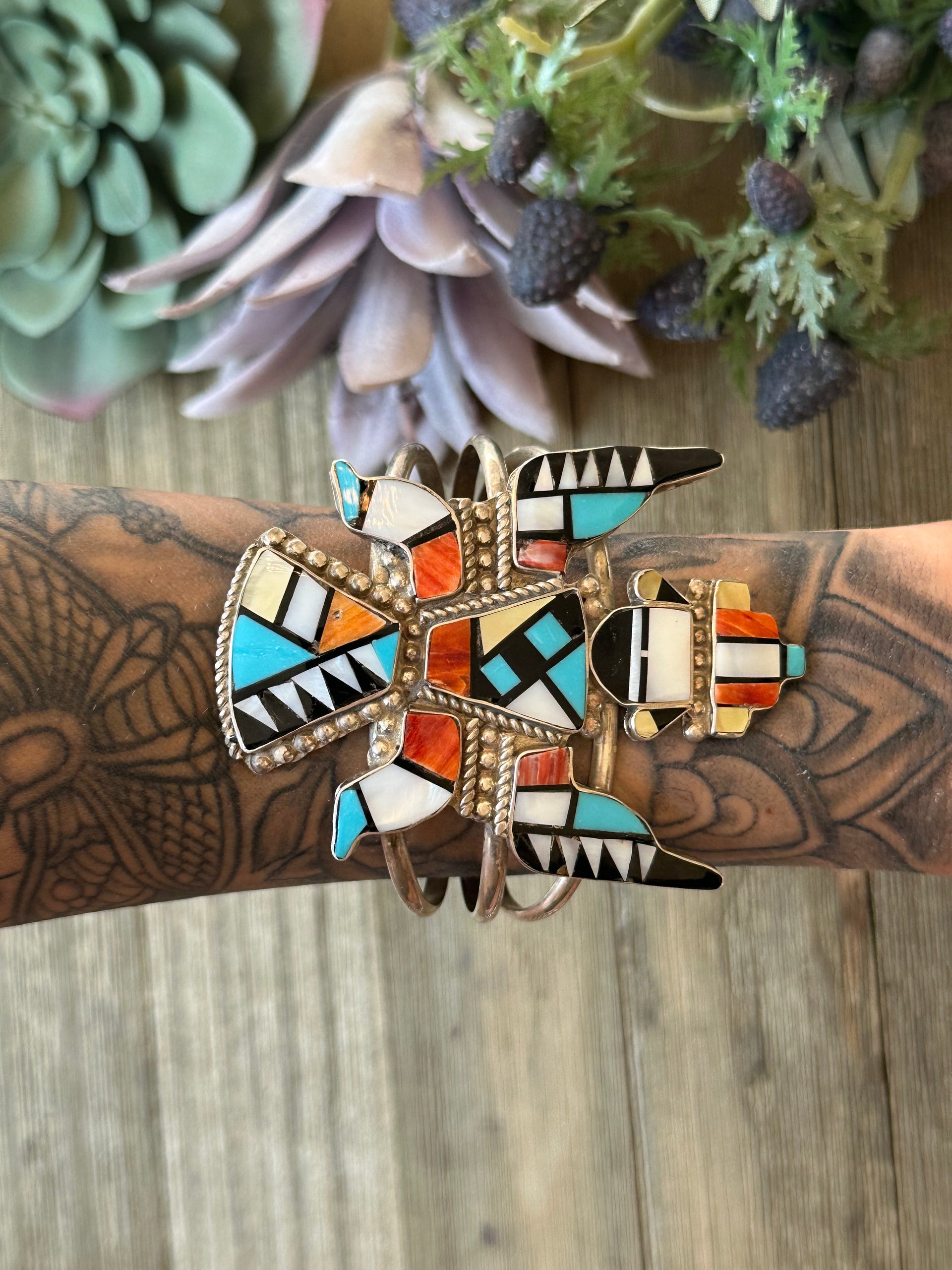 Zuni Made Multi Stone & Sterling Silver Inlay Cuff Bracelet